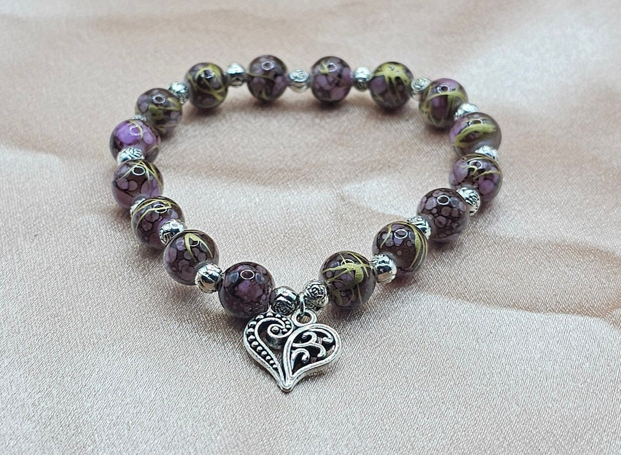 Marbled Beaded Bracelet | Brown & Pink with Silver Heart Charm | Handmade Romantic Jewellery Australia