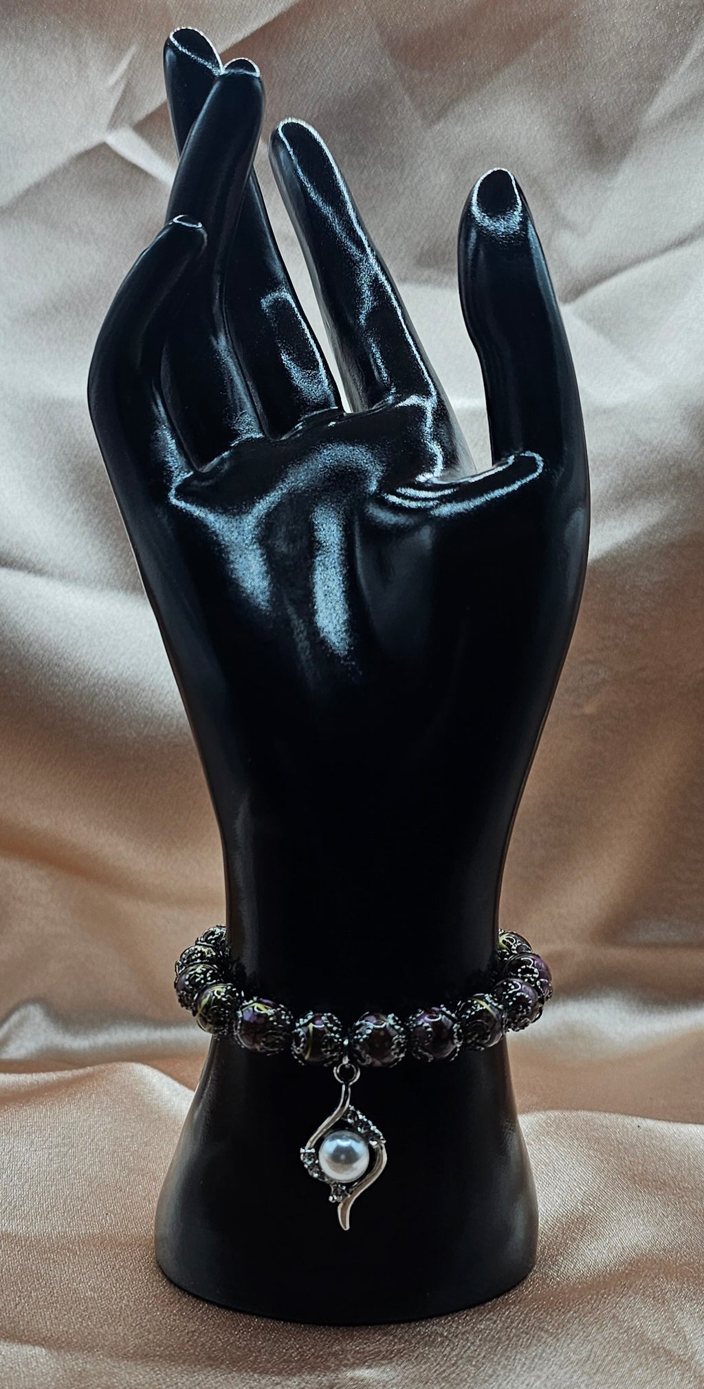 Cloisonne Bead Bracelet | Pearl Charm & Dark Filigree | Handmade Dark Romantic Jewellery Australia