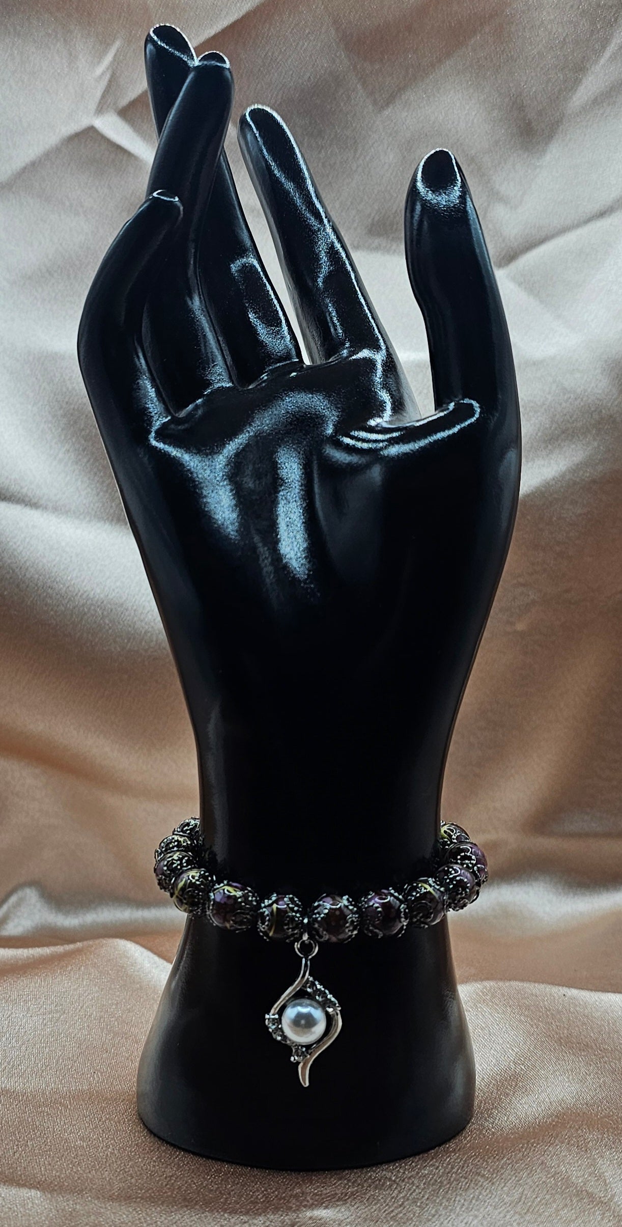 Cloisonne Bead Bracelet | Pearl Charm & Dark Filigree | Handmade Dark Romantic Jewellery Australia