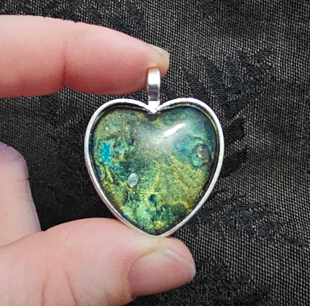Ocean Galaxy Heart Resin Pendant | Teal Gold Green Shimmer | Handmade Fairycore Jewellery