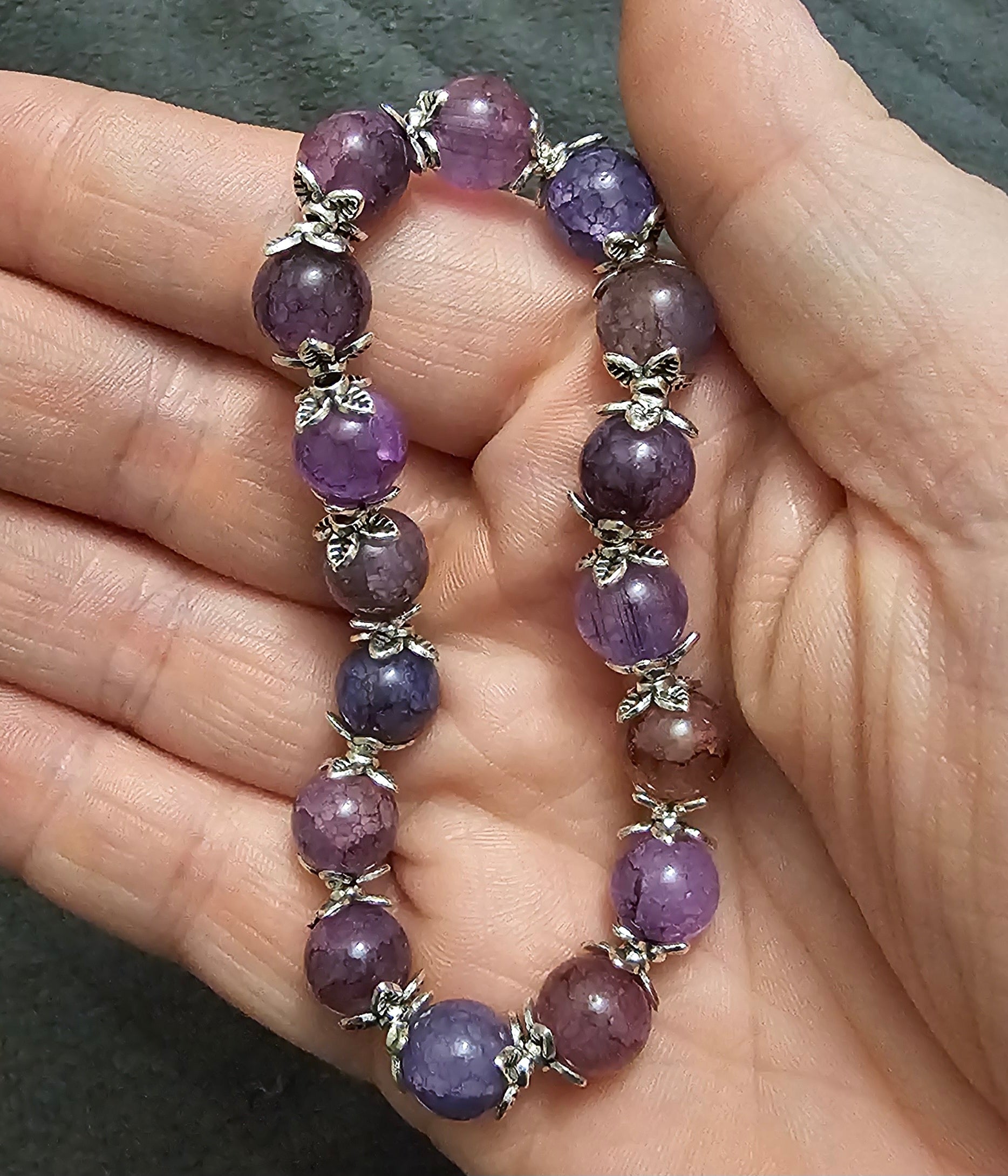 Purple Plum Crackle Agate Bracelet | Silver Floral Caps | Handmade Witchy Cottagecore Jewellery Australia
