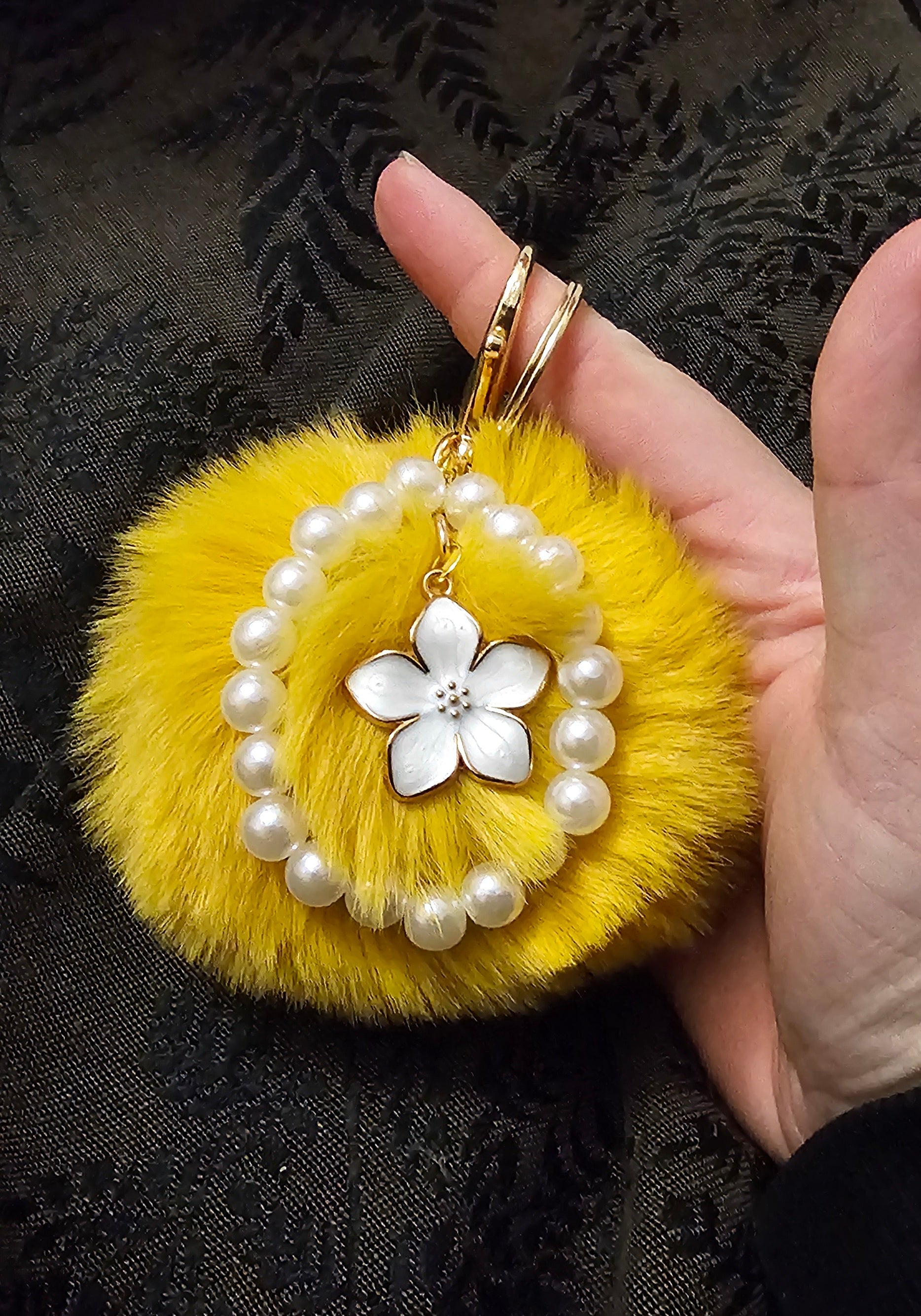 Yellow Pom Pom Pearl Keychain | White Flower Charm & Pearl Beads | Handmade Cottagecore Accessory