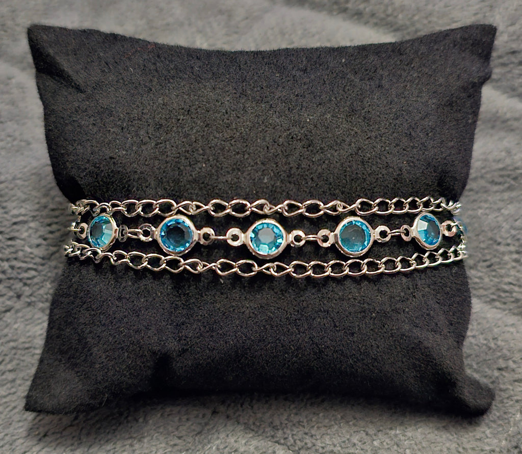 Blue Crystal Triple Chain Bracelet | Silver-Tone Layered Design | Handmade Elegant Jewellery Australia