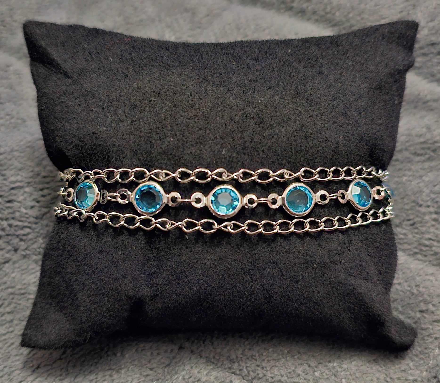Blue Crystal Triple Chain Bracelet | Silver-Tone Layered Design | Handmade Elegant Jewellery Australia