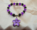 Purple Flower Charm Bracelet | Deep Purple & Black Beads with Gold Accents | Handmade Witchy Jewellery Australia
