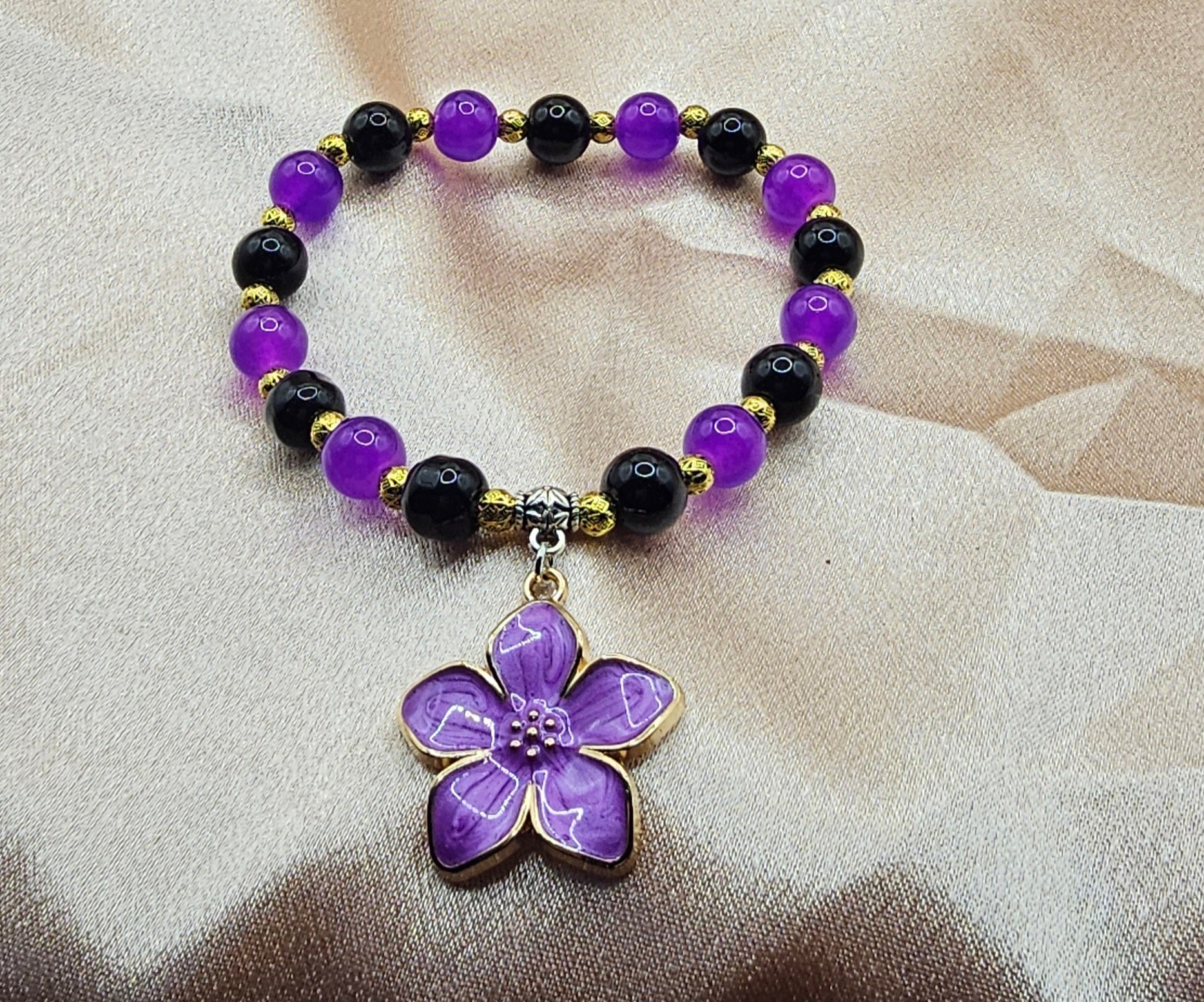 Purple Flower Charm Bracelet | Deep Purple & Black Beads with Gold Accents | Handmade Witchy Jewellery Australia