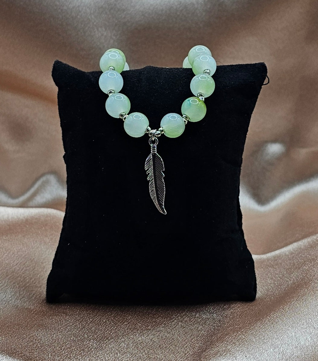 Green Marbled Beaded Bracelet | Silver Feather Charm | Handmade Cottagecore Boho Jewellery Australia