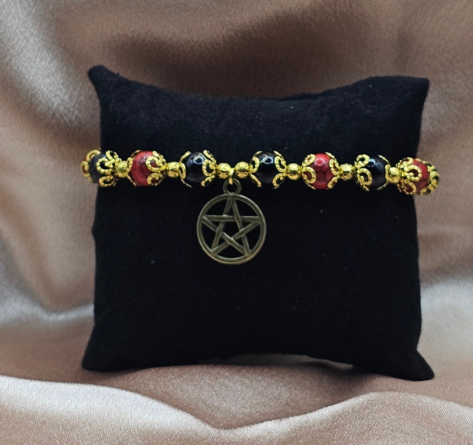 Red & Black Beaded Bracelet | Bronze Pentagram Charm | Handmade Witchy Gothic Jewellery Australia