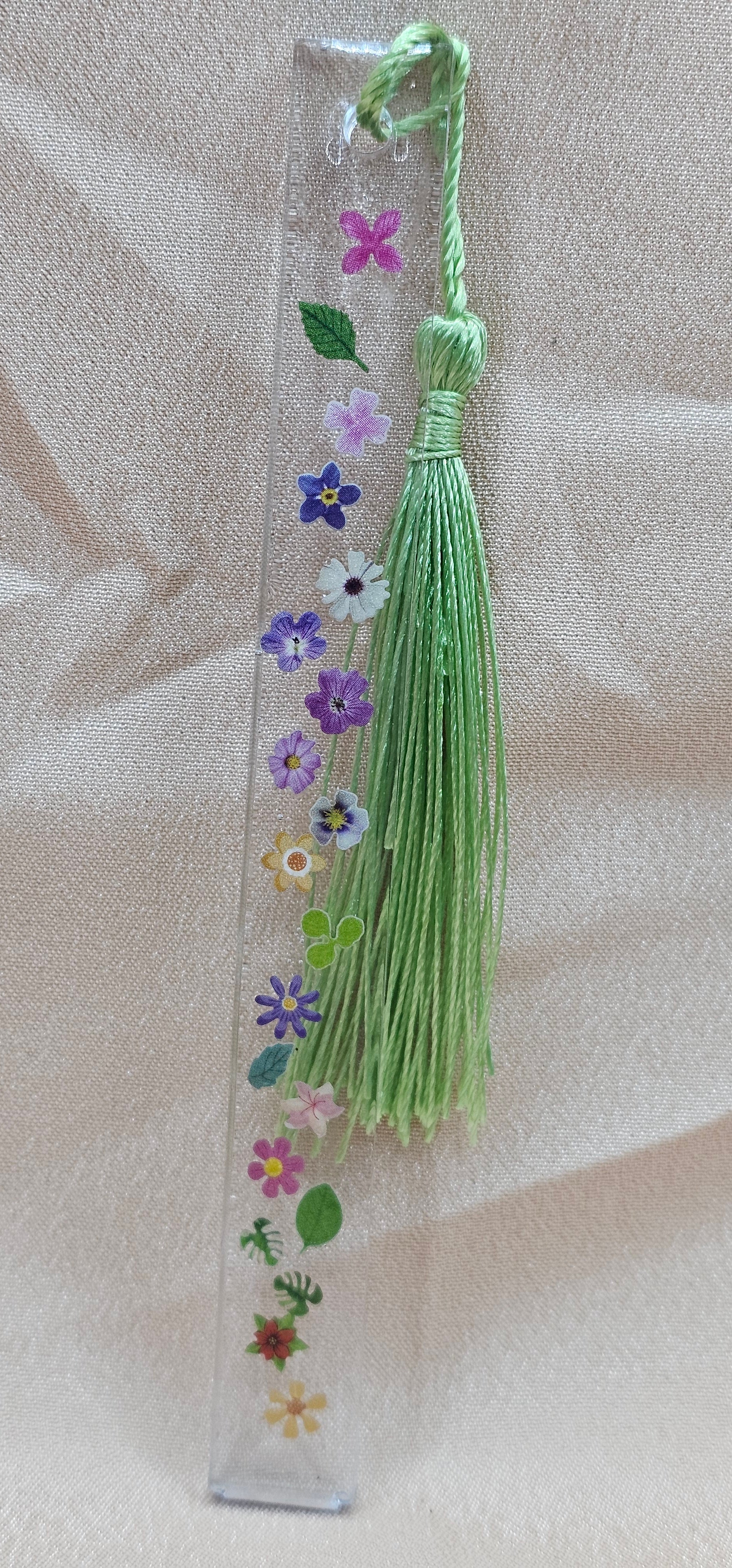 Colourful Floral Resin Bookmark | Mixed Flowers & Leaves in Clear Resin with Sage Green Tassel | Cottagecore Fairycore Gift Australia