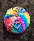 Rainbow Pom Pom Keychain | Pink Beads & Crystal Rhinestone Heart | Handmade Coquette Fairycore