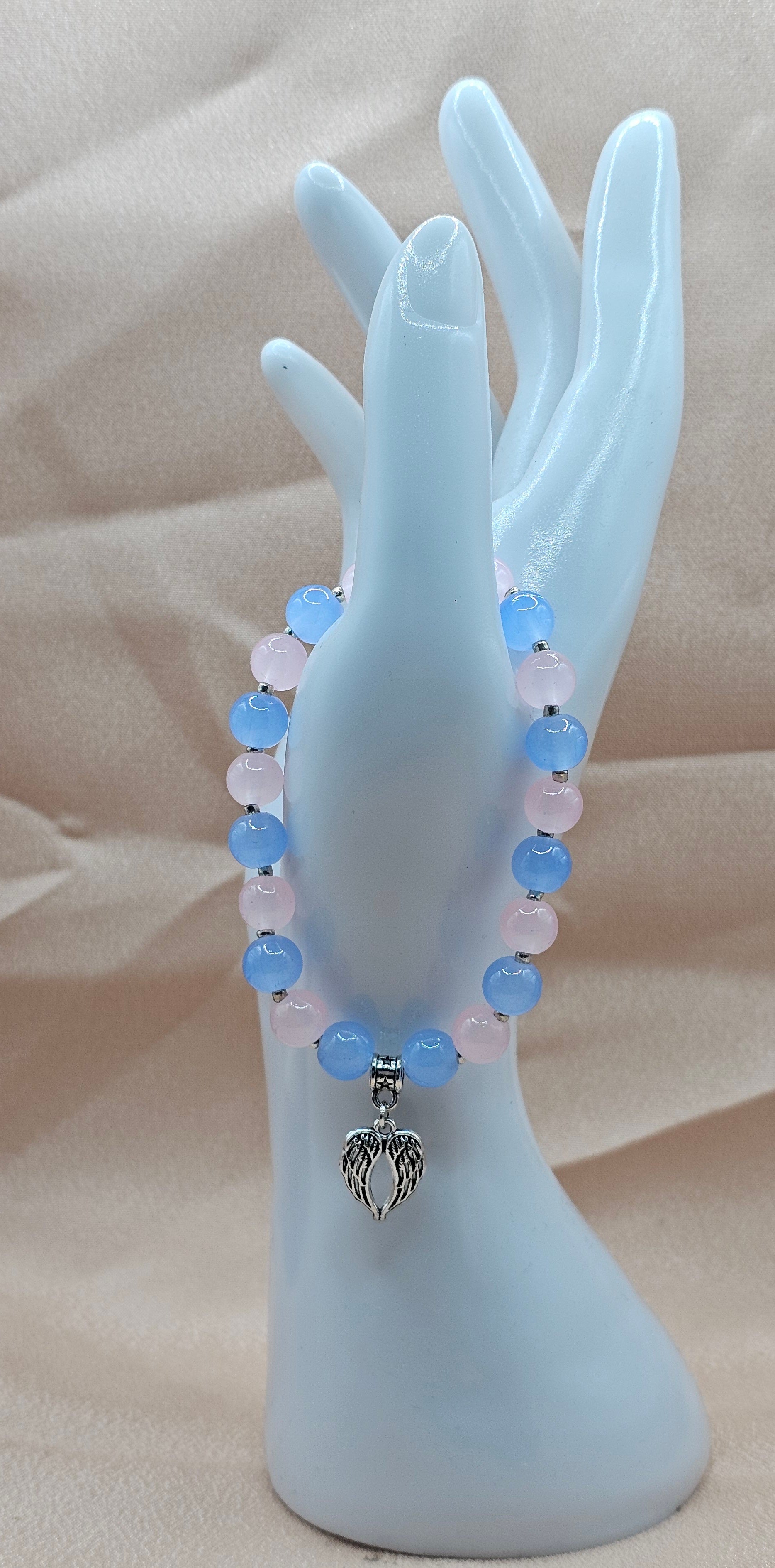 Blue & Pink Beaded Bracelet | Silver Angel Wing Charm | Handmade Angelcore Spiritual Jewellery Australia