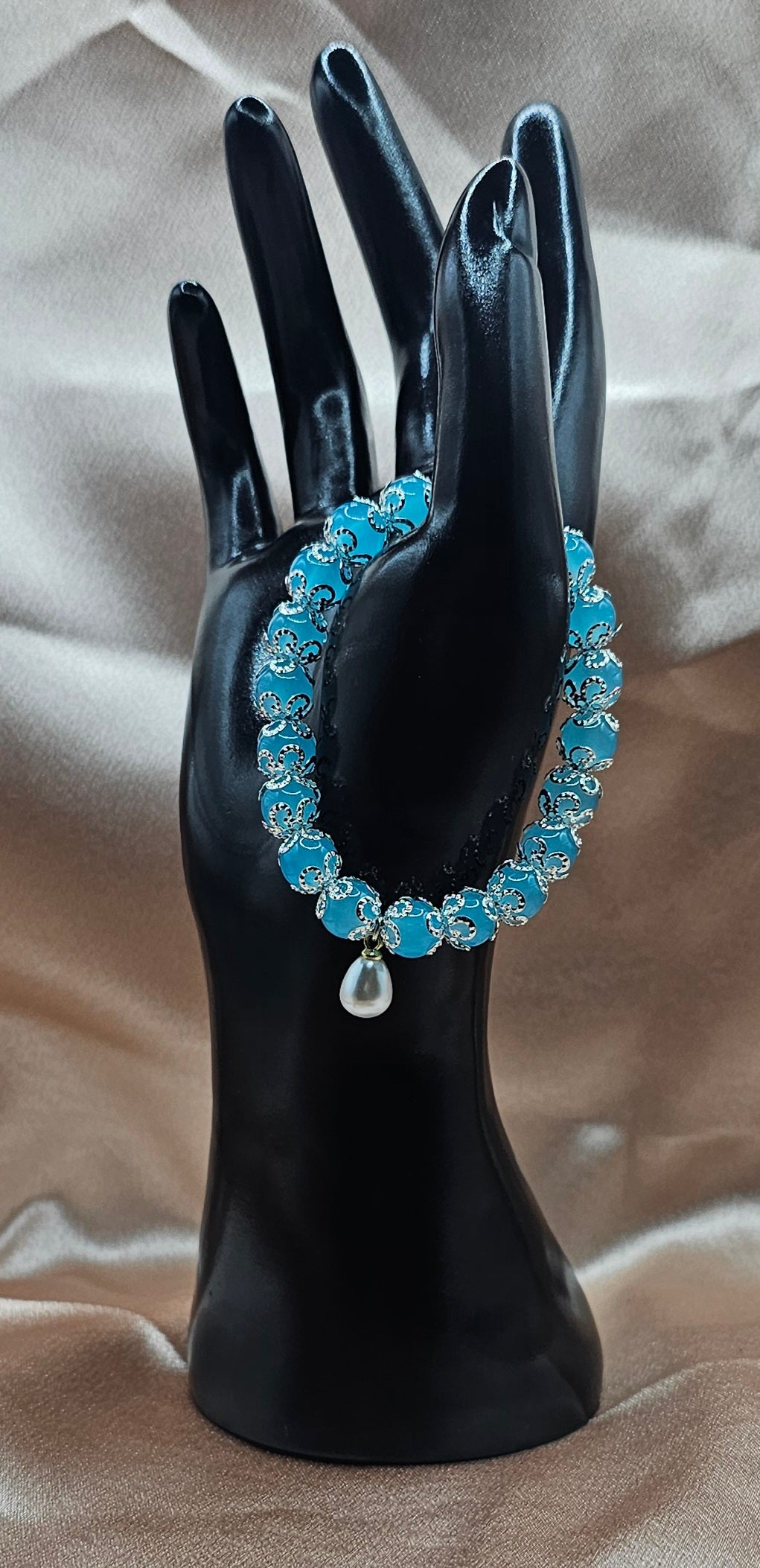 Blue Chalcedony Bracelet | Pearl Charm & Silver Filigree | Handmade Ocean-Inspired Jewellery Australia