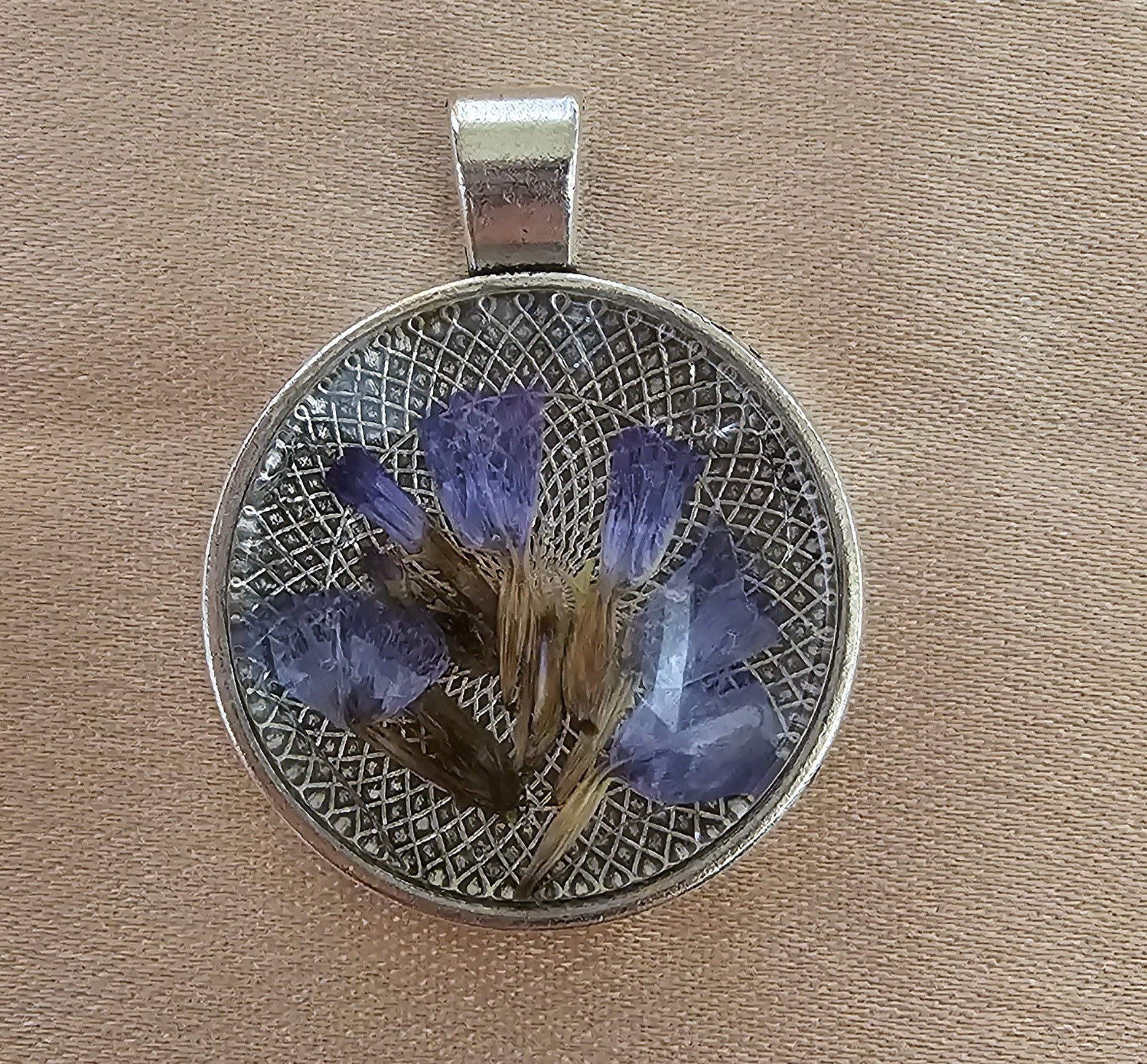 Real Purple Flower Round Resin Pendant | Pressed Botanical on Silver Lattice Filigree | Handmade Cottagecore Jewellery