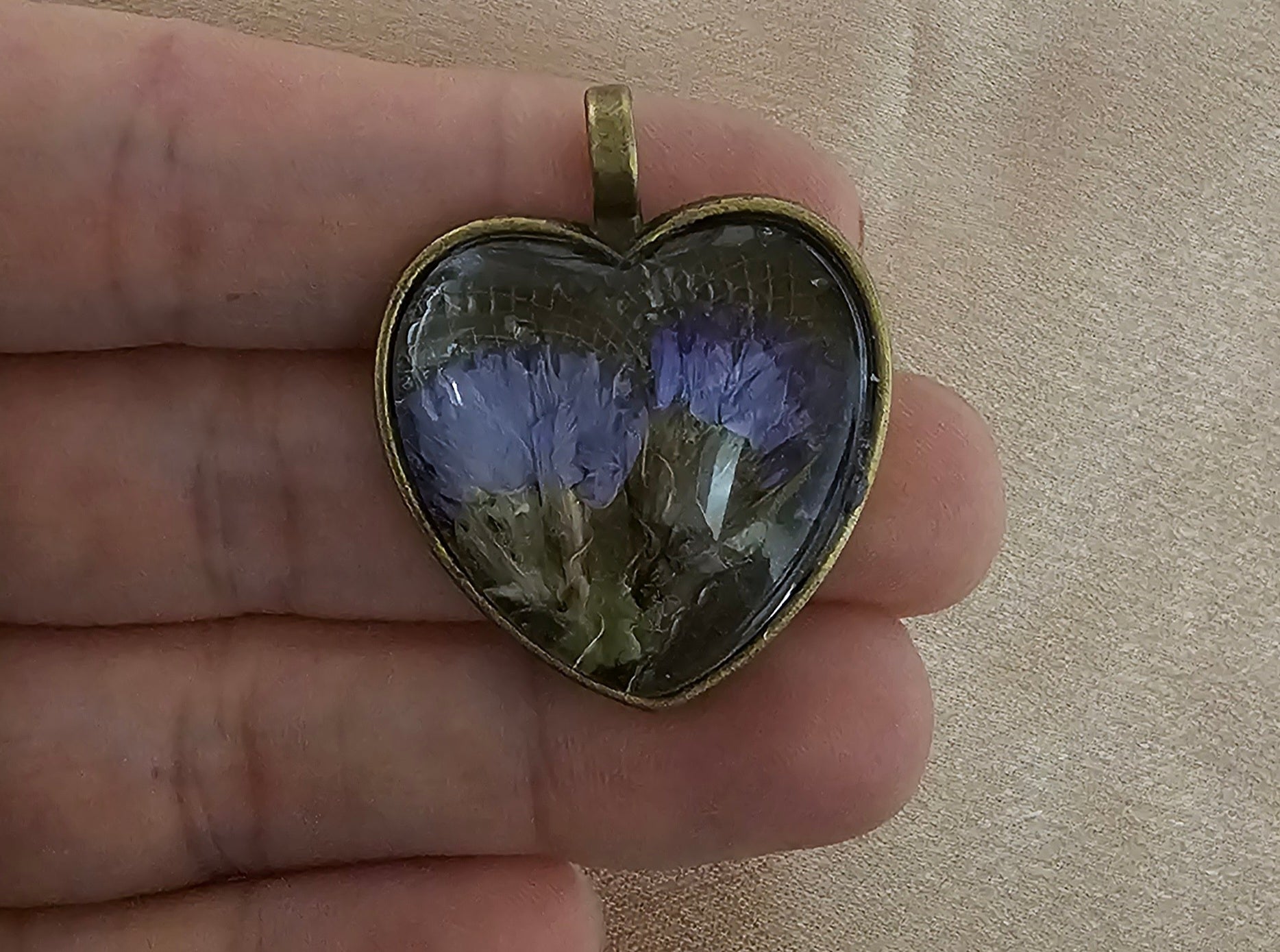 Real Purple Flower Heart Resin Pendant | Pressed Cornflowers on Dark Lace | Handmade Cottagecore Dark Romantic Jewellery