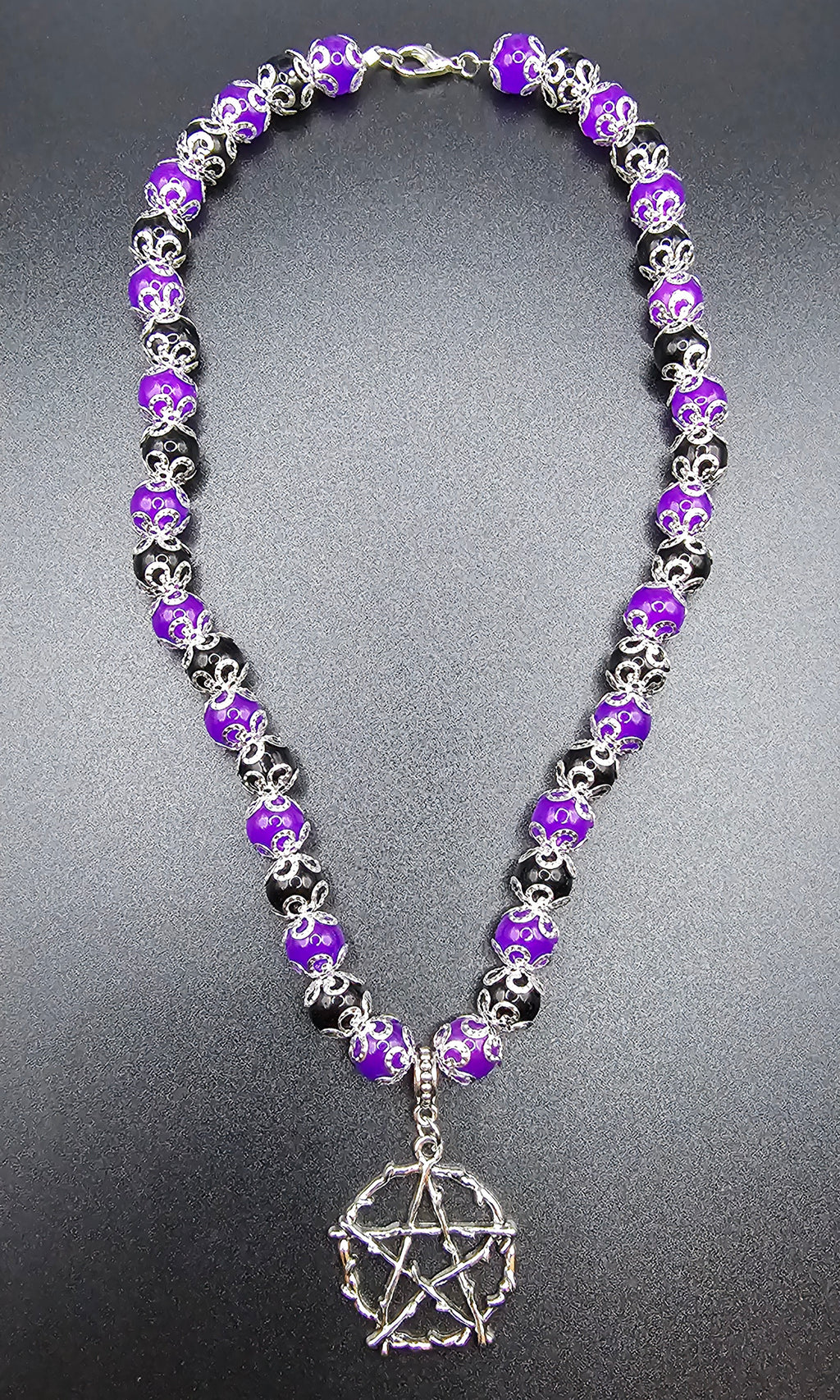 Handmade purple and black pentagram necklace with gothic filigree, witchy jewellery Australia