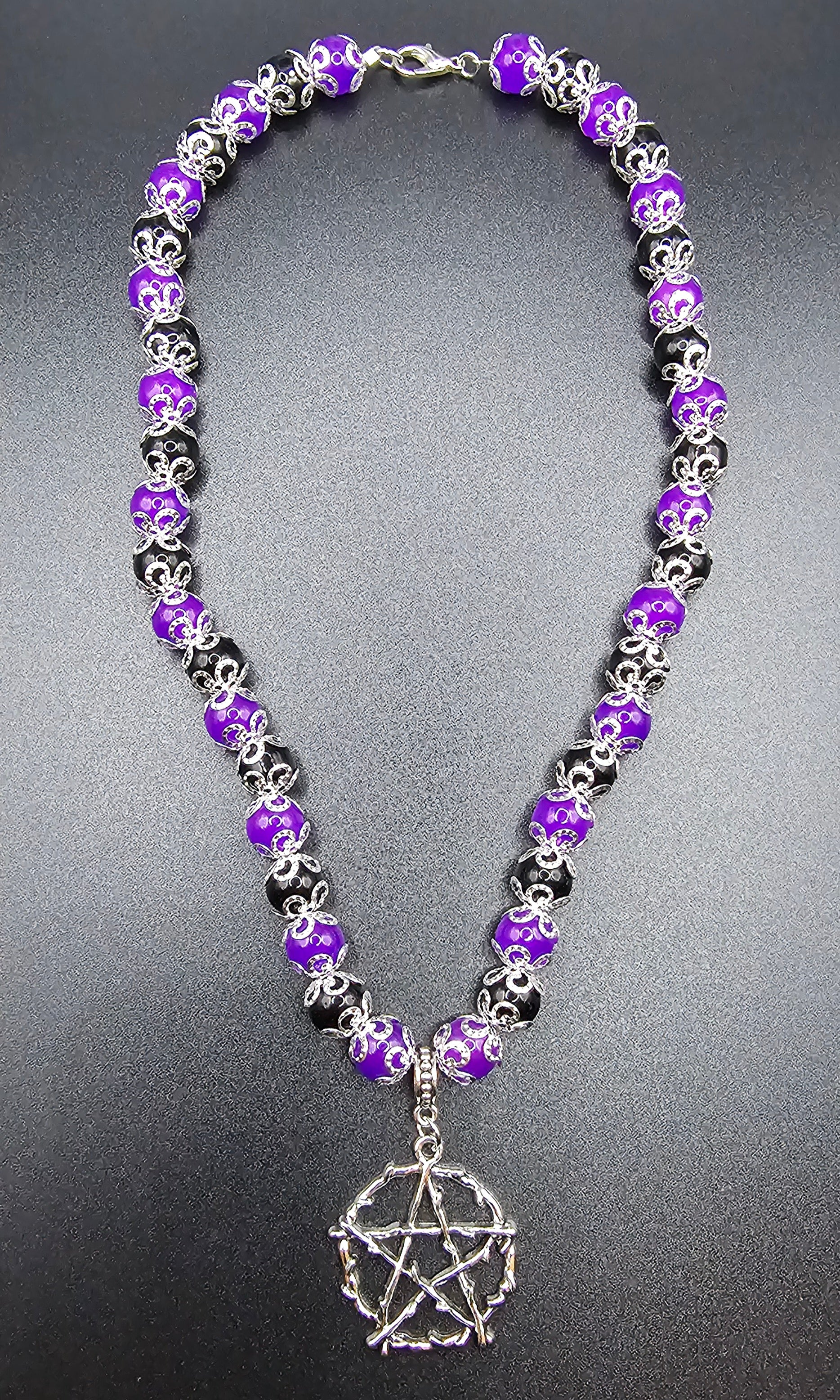 Handmade purple and black pentagram necklace with gothic filigree, witchy jewellery Australia