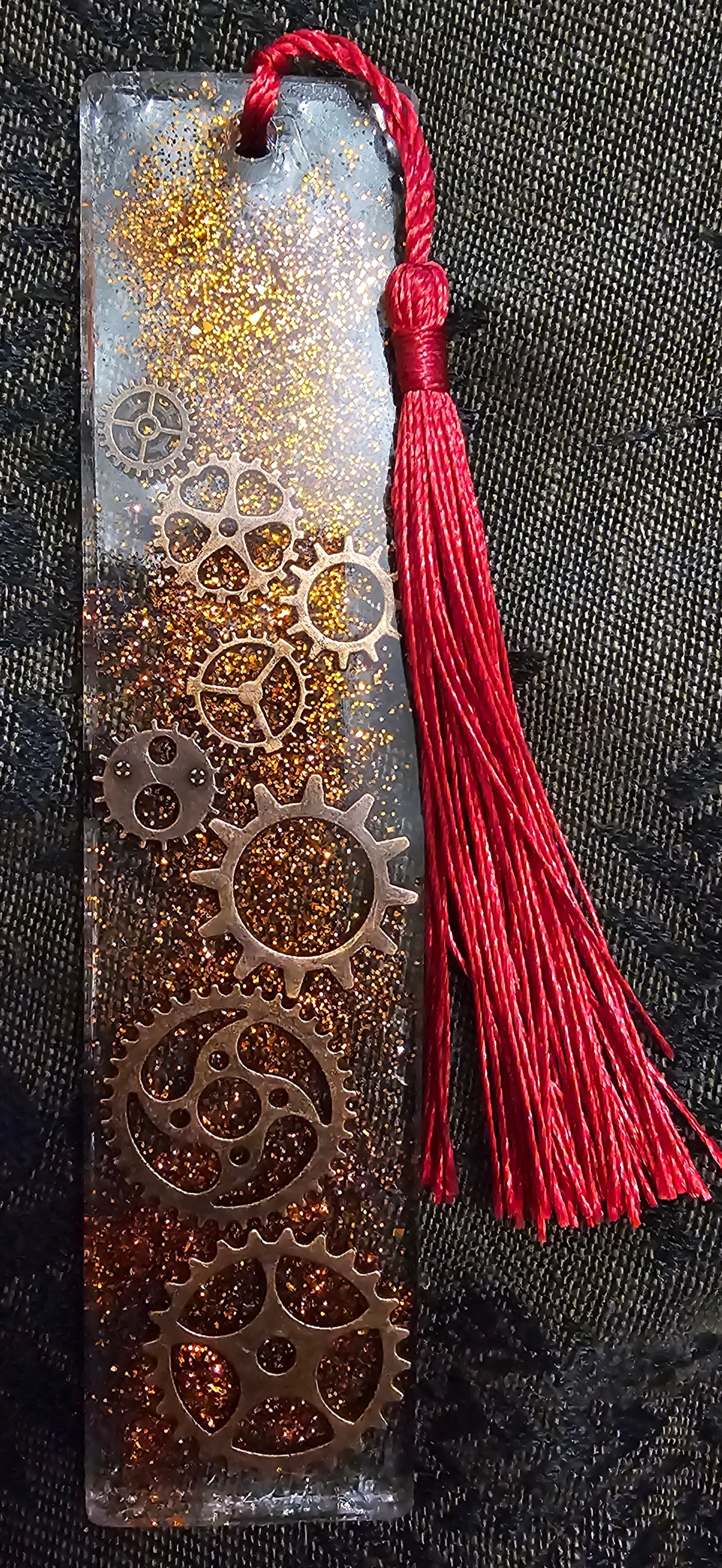 Steampunk Gear Resin Bookmark | Copper Glitter & Bronze Charms | Red Tassel | Handmade Gothic Gift Australia