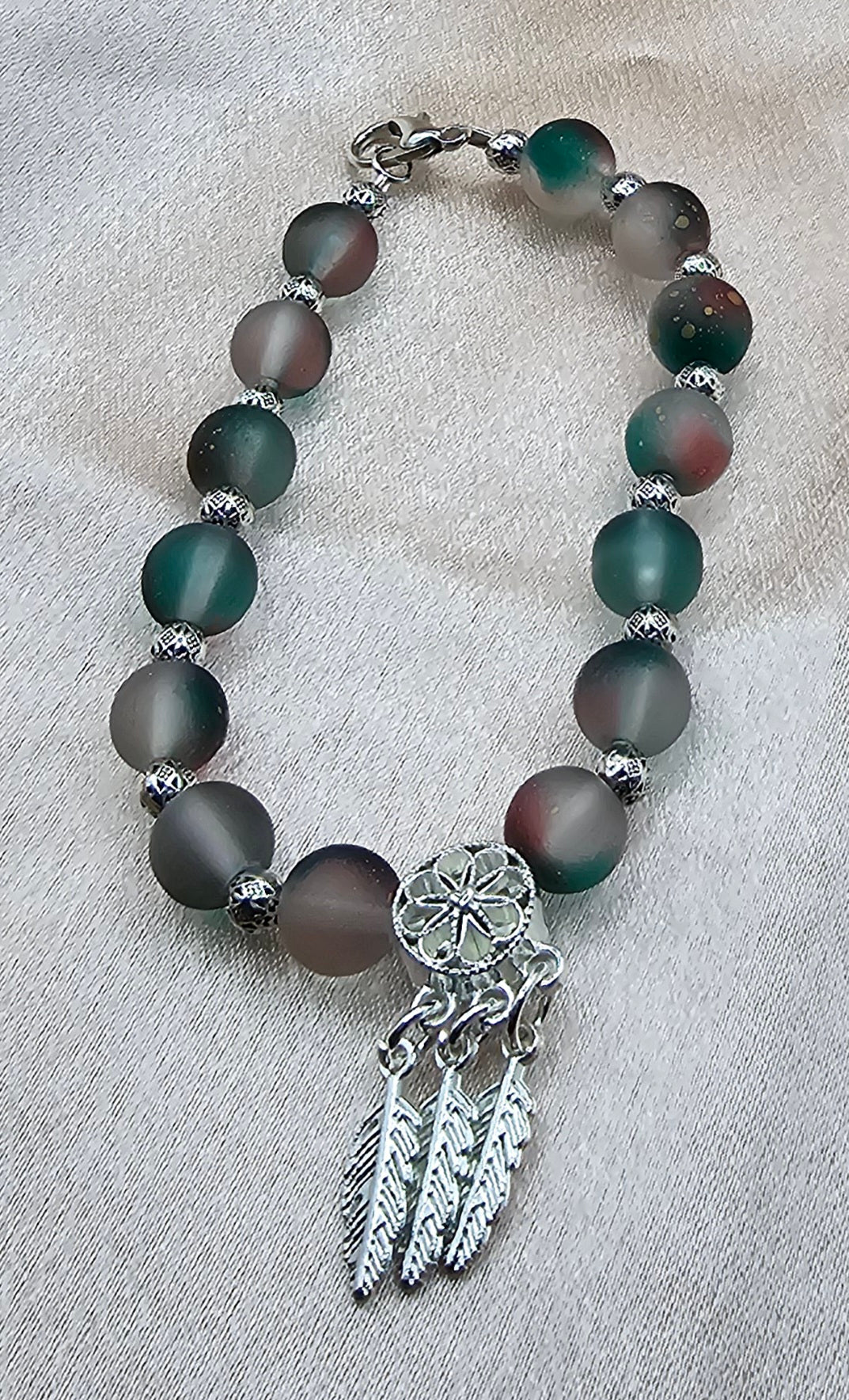 Frosted Dreamcatcher Beaded Bracelet | Triple Feather Charm | Handmade Boho Witchy Jewellery Australia