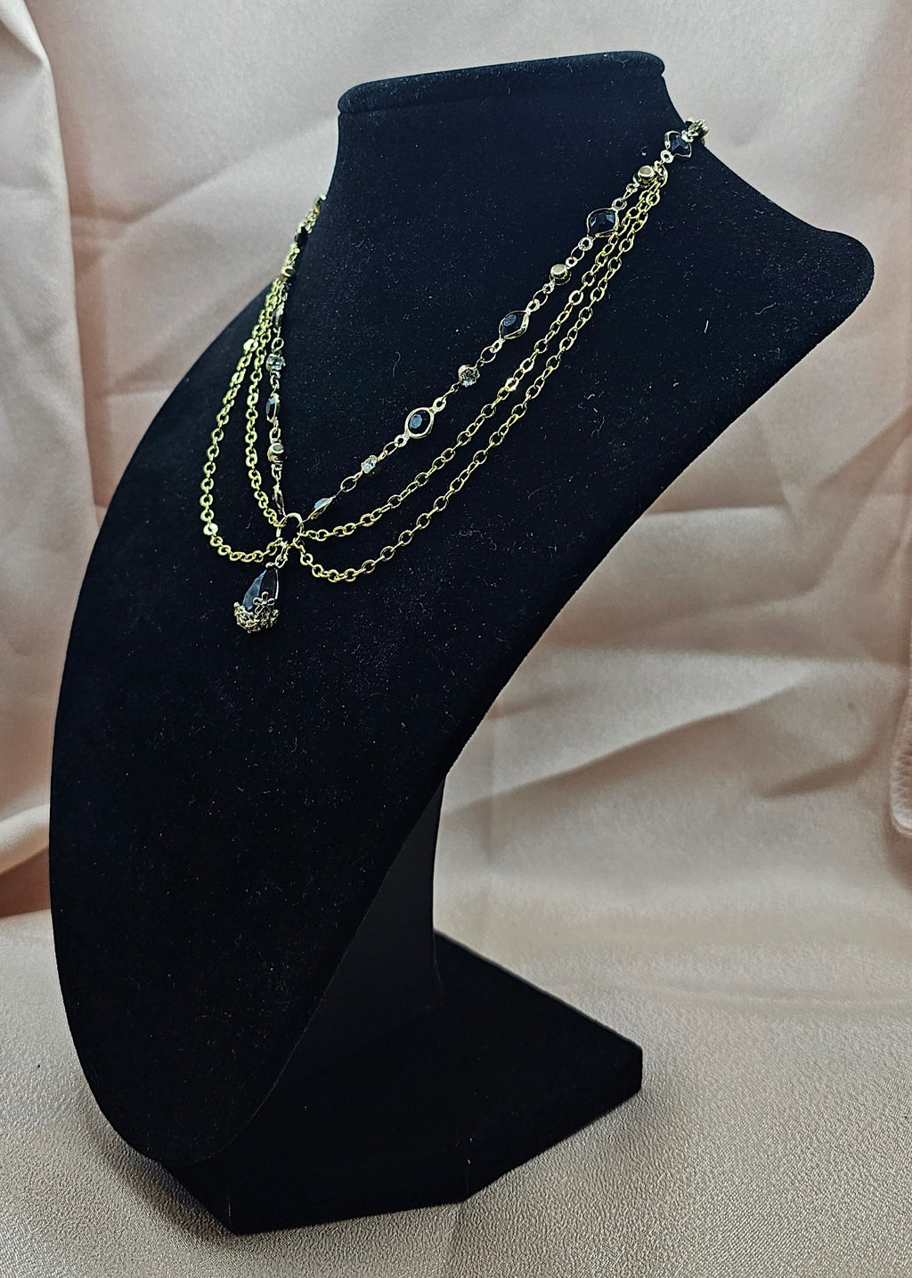 Layered Gold Necklace | Black Teardrop Crystal Pendant | Handmade Gothic Elegant
