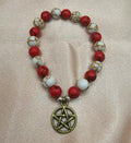 Handmade red and white crackle bead bracelet with bronze pentagram charm, witchy jewellery Australia