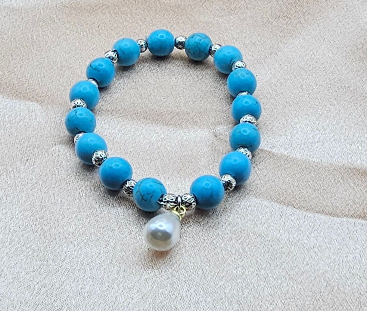 Turquoise Beaded Bracelet | Pearl Charm & Silver Spacers | Handmade Coastal Boho Jewellery Australia
