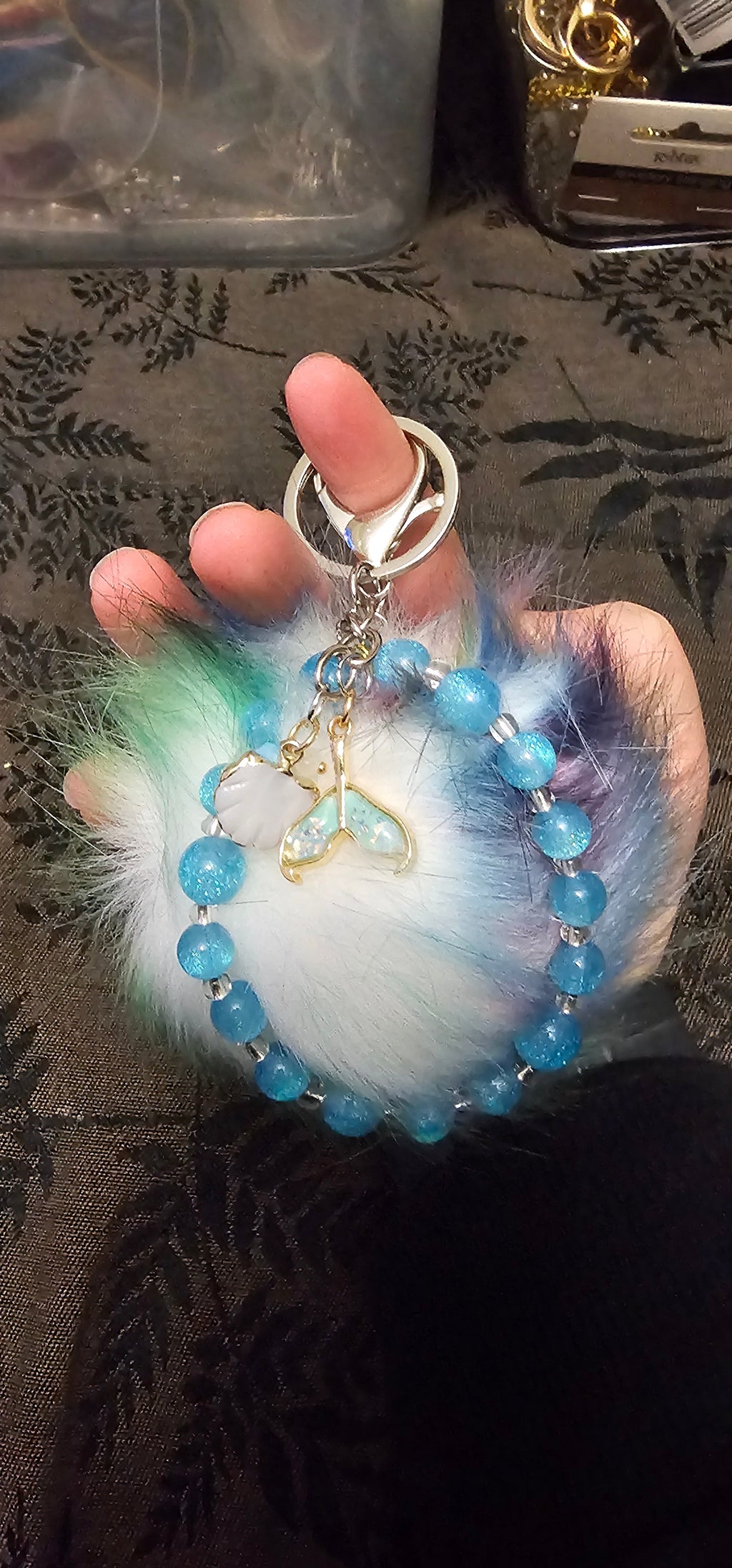 Mermaid Pom Pom Keychain | Blue Crackle Beads & Mermaid Tail Charm | Handmade Fairycore Accessory