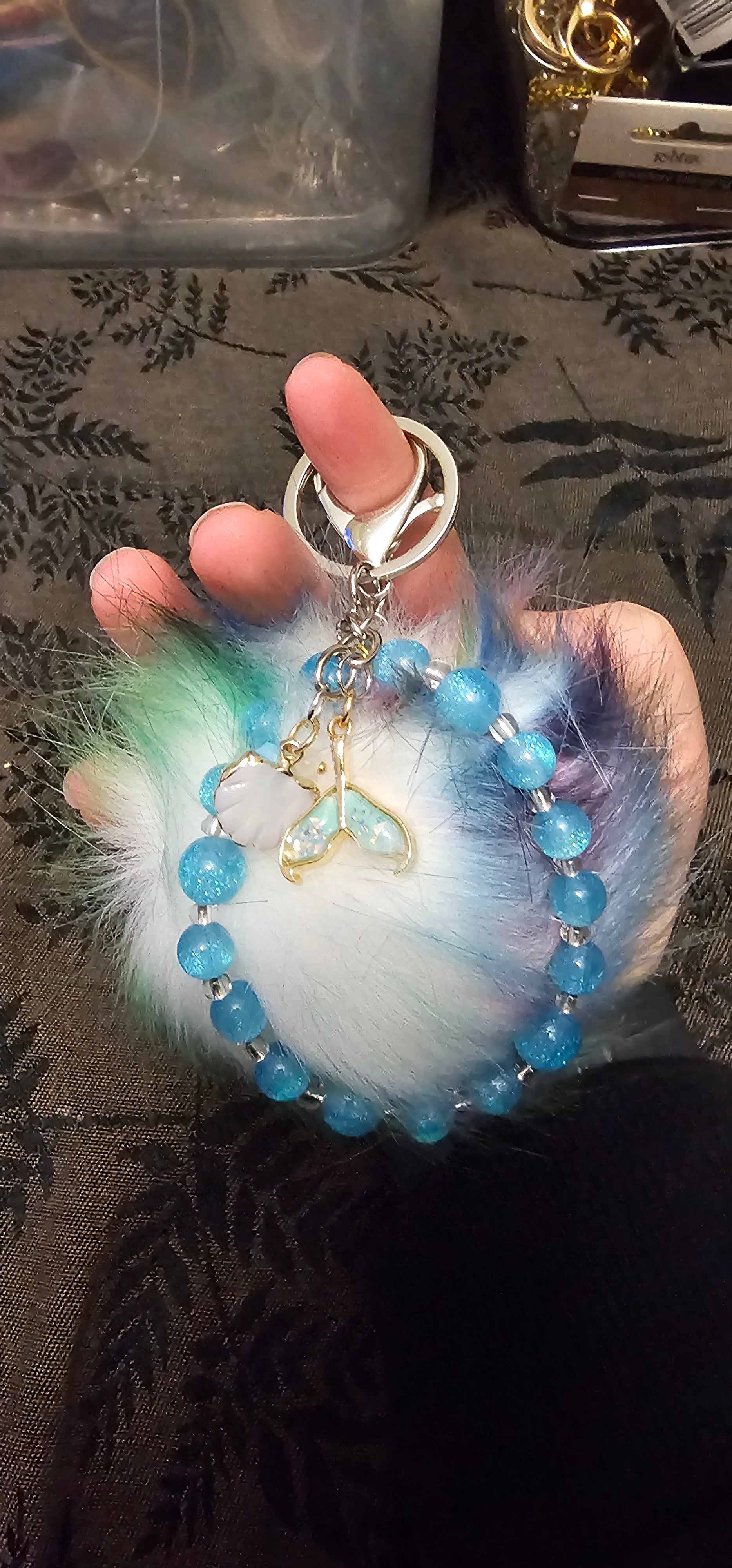 Mermaid Pom Pom Keychain | Blue Crackle Beads & Mermaid Tail Charm | Handmade Fairycore Accessory