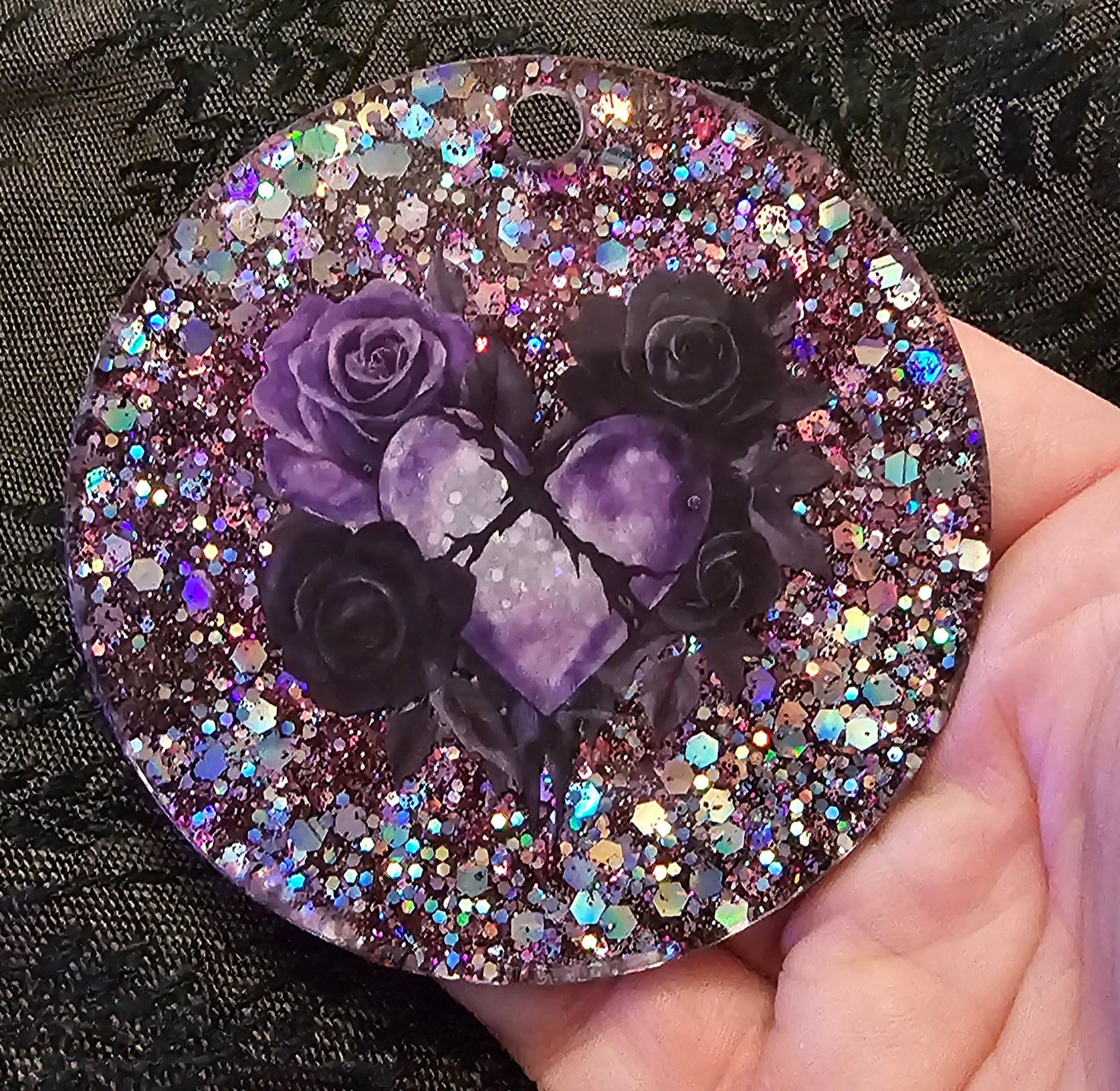 Cracked Crystal Rose Resin Keychain – Pink Iridescent Glitter & Floral Heart | Dark Romantic Handmade Gift Australia