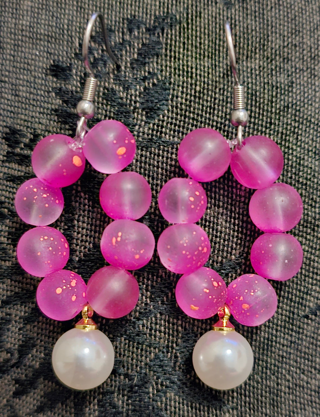 Handmade pink beaded hoop earrings with pearl drop statement dangle, handmade jewellery Australia