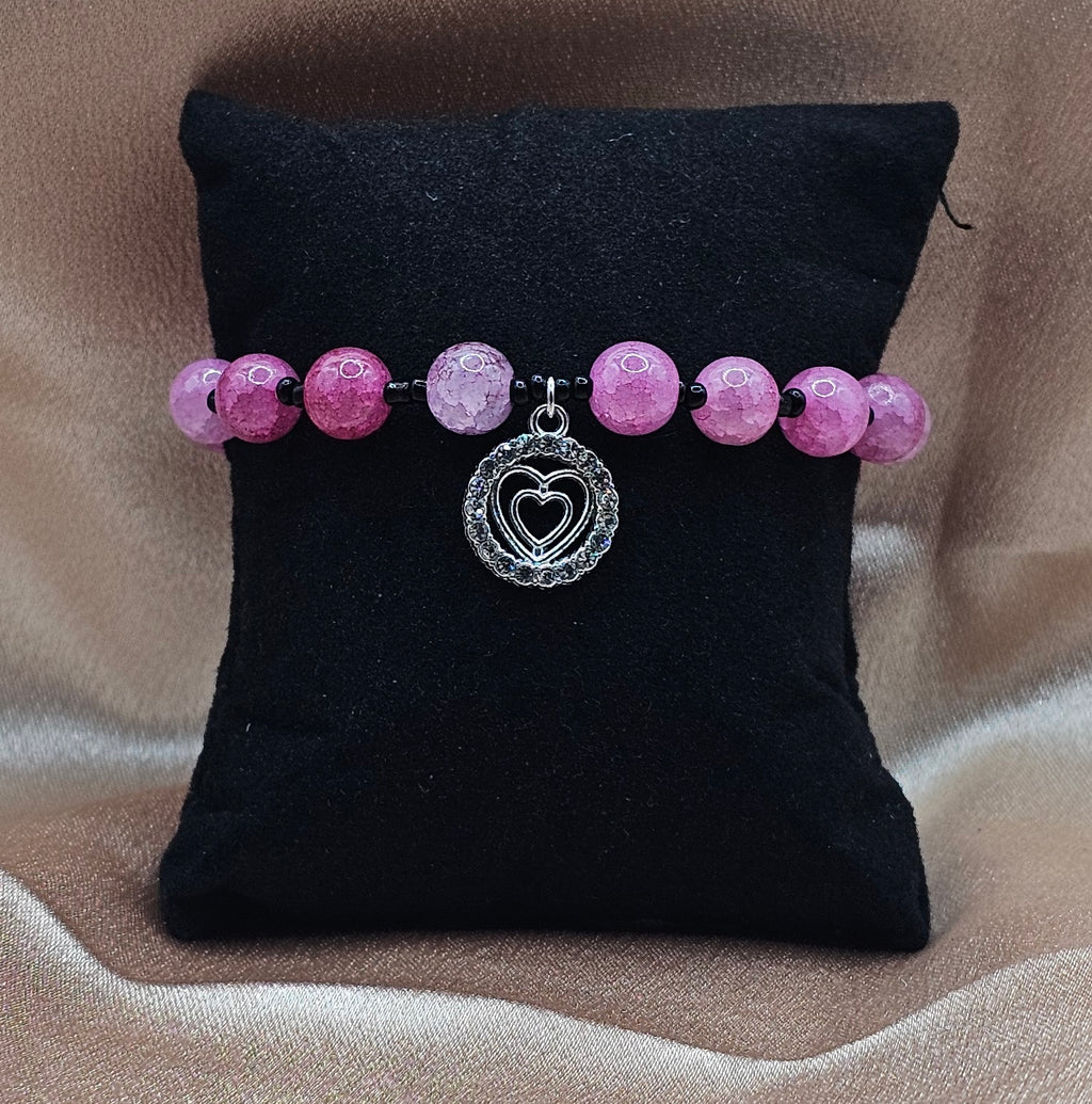 Pink Beaded Bracelet | Rhinestone Heart Charm & Black Accents | Handmade Coquette Jewellery Australia