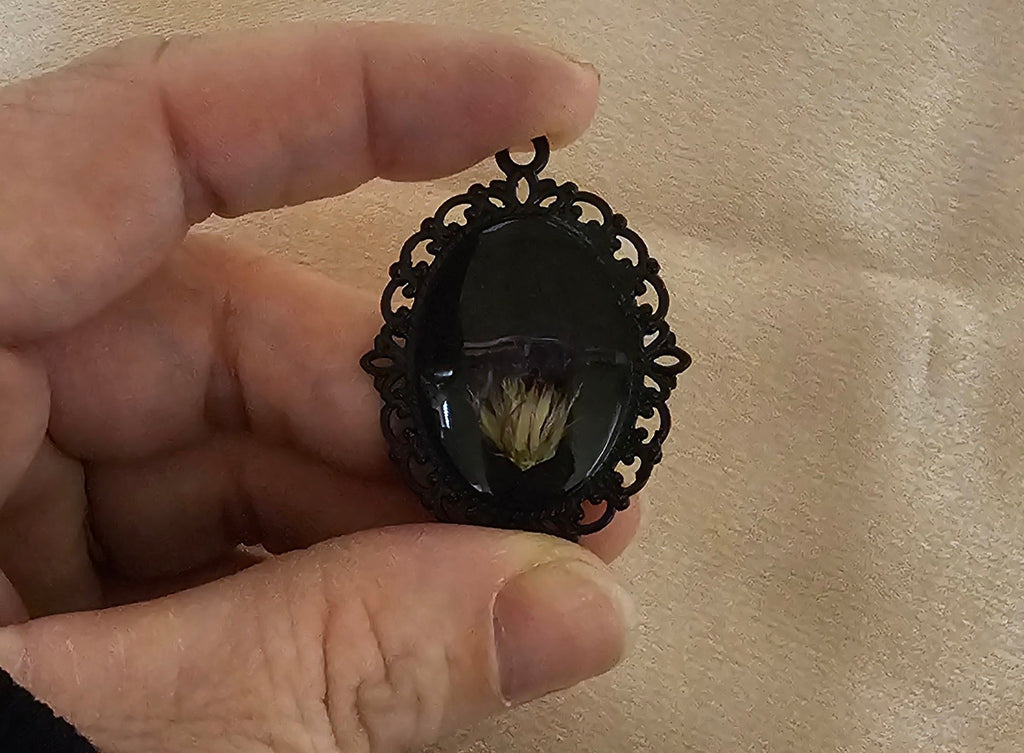 Real Dried Flower Bud Oval Resin Pendant | Black Gothic Victorian Filigree Frame | Handmade Dark Botanical Jewellery
