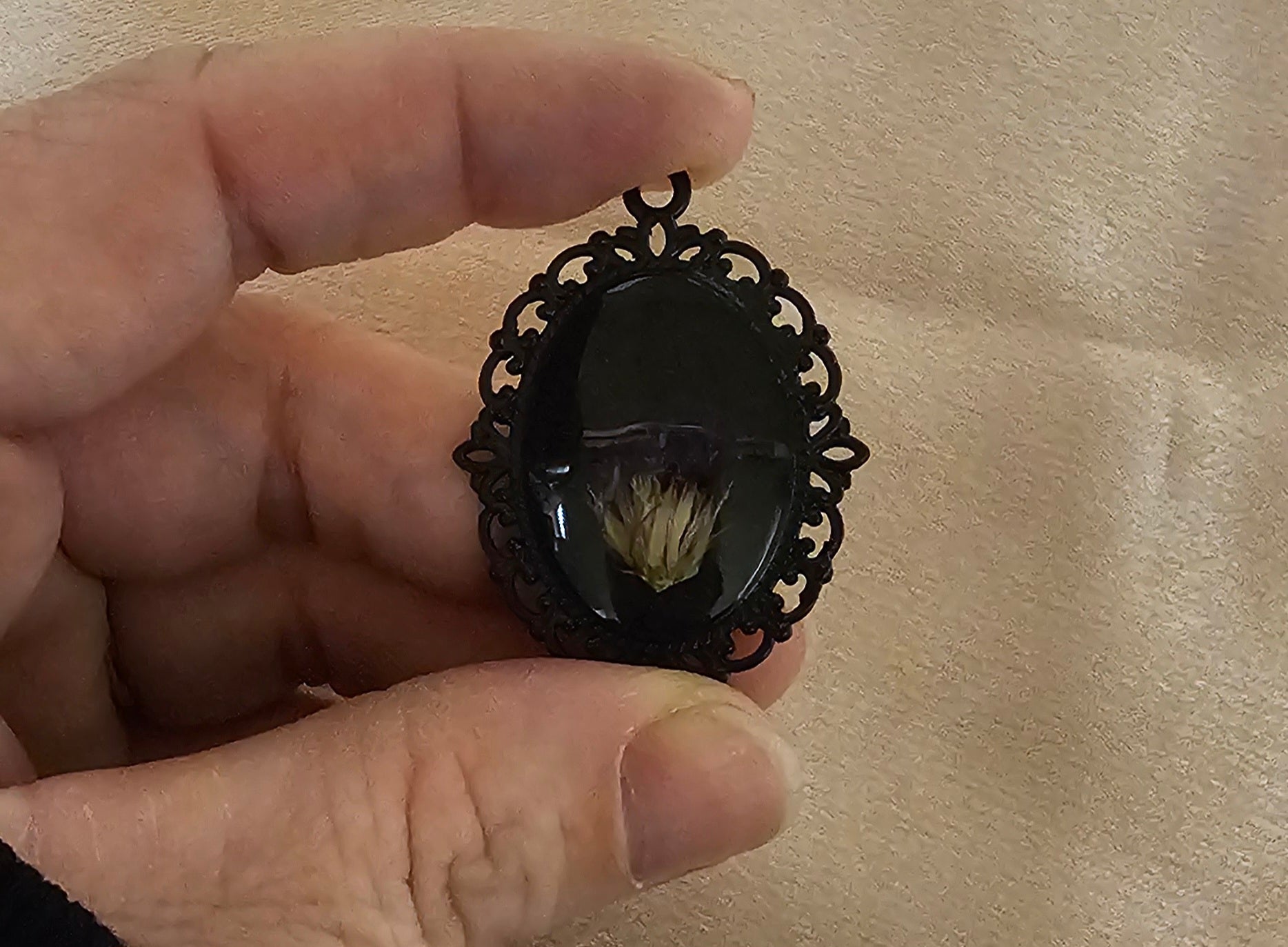 Real Dried Flower Bud Oval Resin Pendant | Black Gothic Victorian Filigree Frame | Handmade Dark Botanical Jewellery