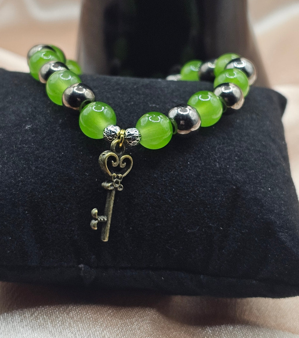 Green Aventurine Bracelet | Vintage Key Charm & Hematite Spacers | Handmade Cottagecore Jewellery Australia