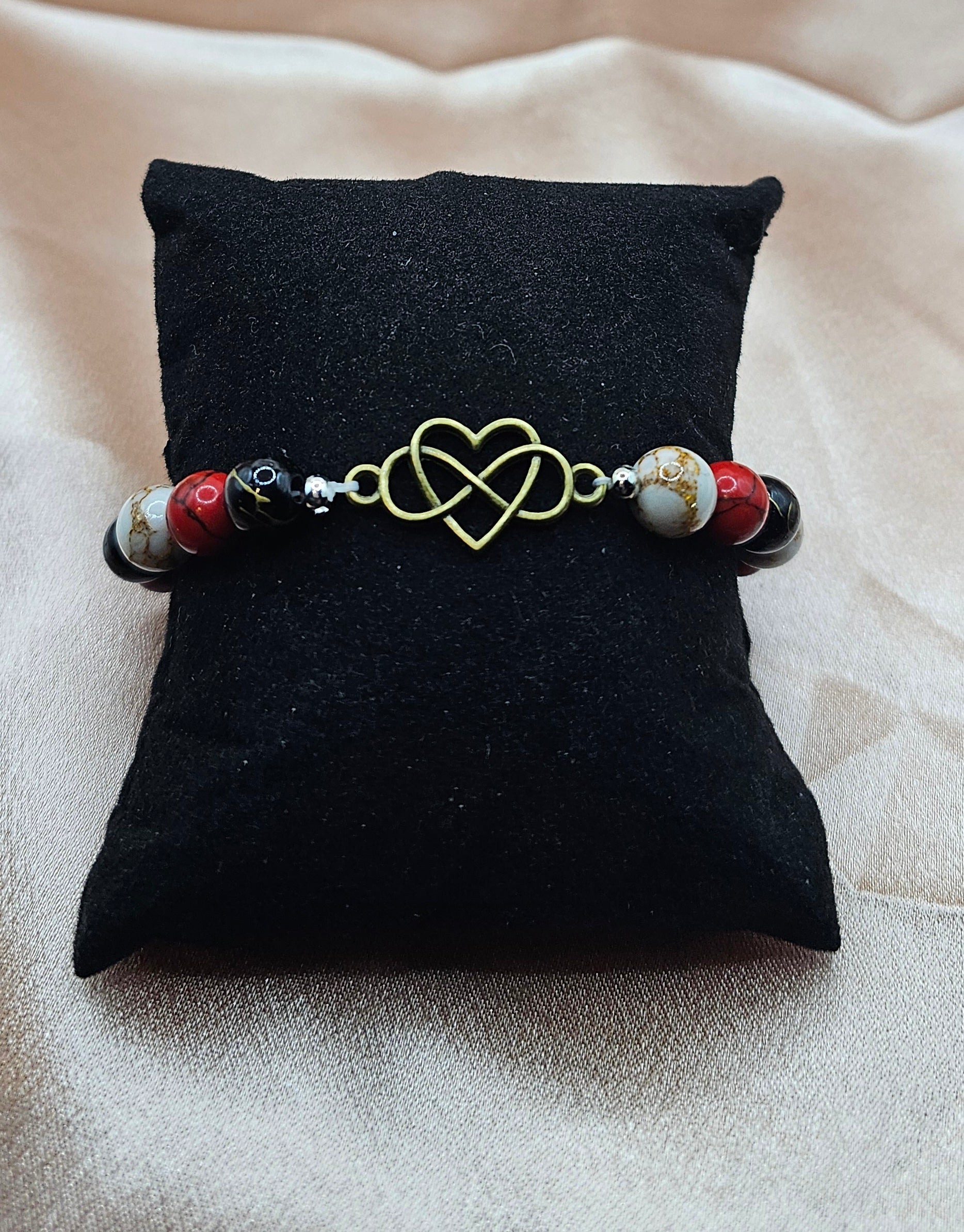 Red Black & White Marble Beaded Bracelet | Antique Bronze Infinity Heart Charm | Handmade Dark Romance Jewellery Australia