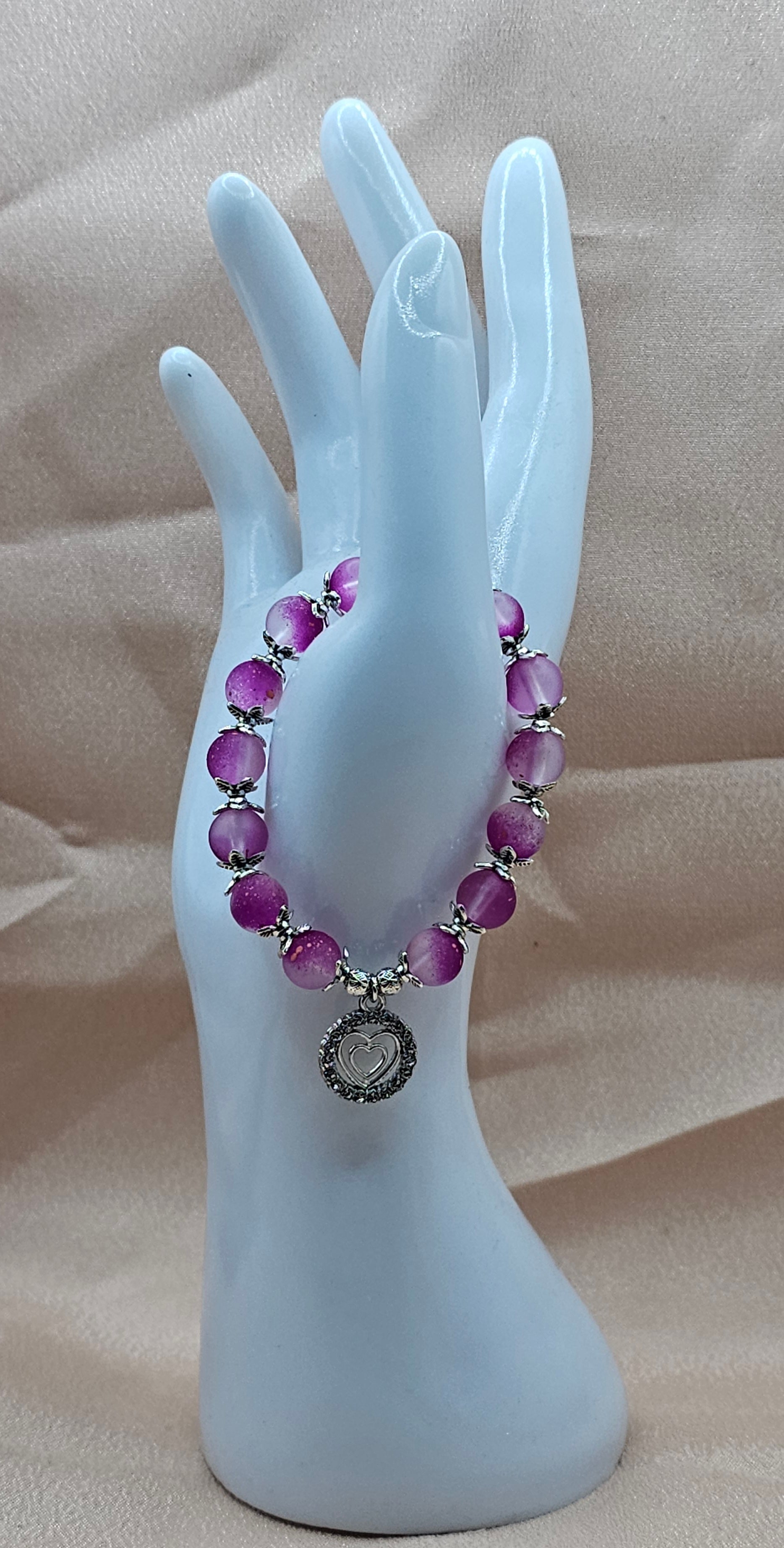 Handmade frosted pink bracelet with double heart rhinestone charm and silver filigree, coquette jewellery Australia