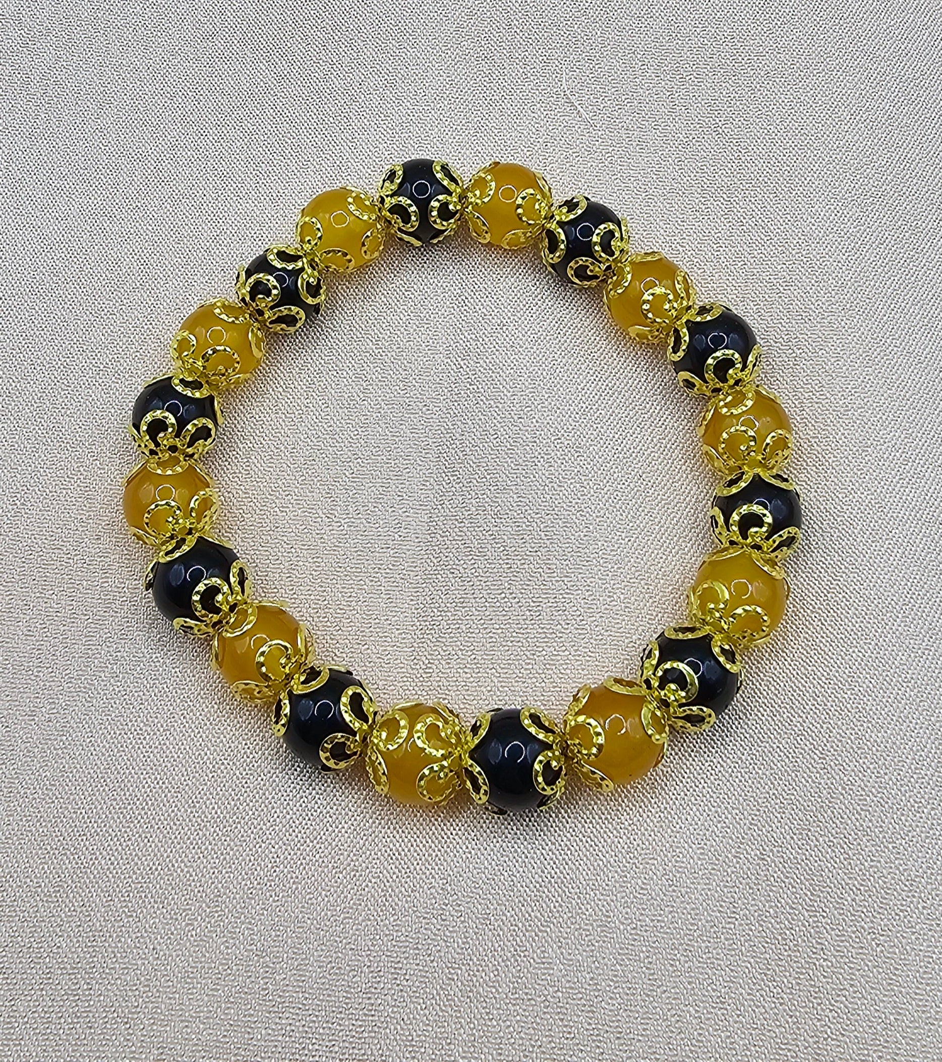 Black & Amber Gold Filigree Bracelet | Gothic Beaded Stretch Bracelet | Handmade Dark Jewellery Australia