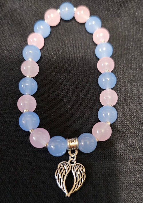 Blue & Pink Beaded Bracelet | Silver Angel Wing Charm | Handmade Angelcore Spiritual Jewellery