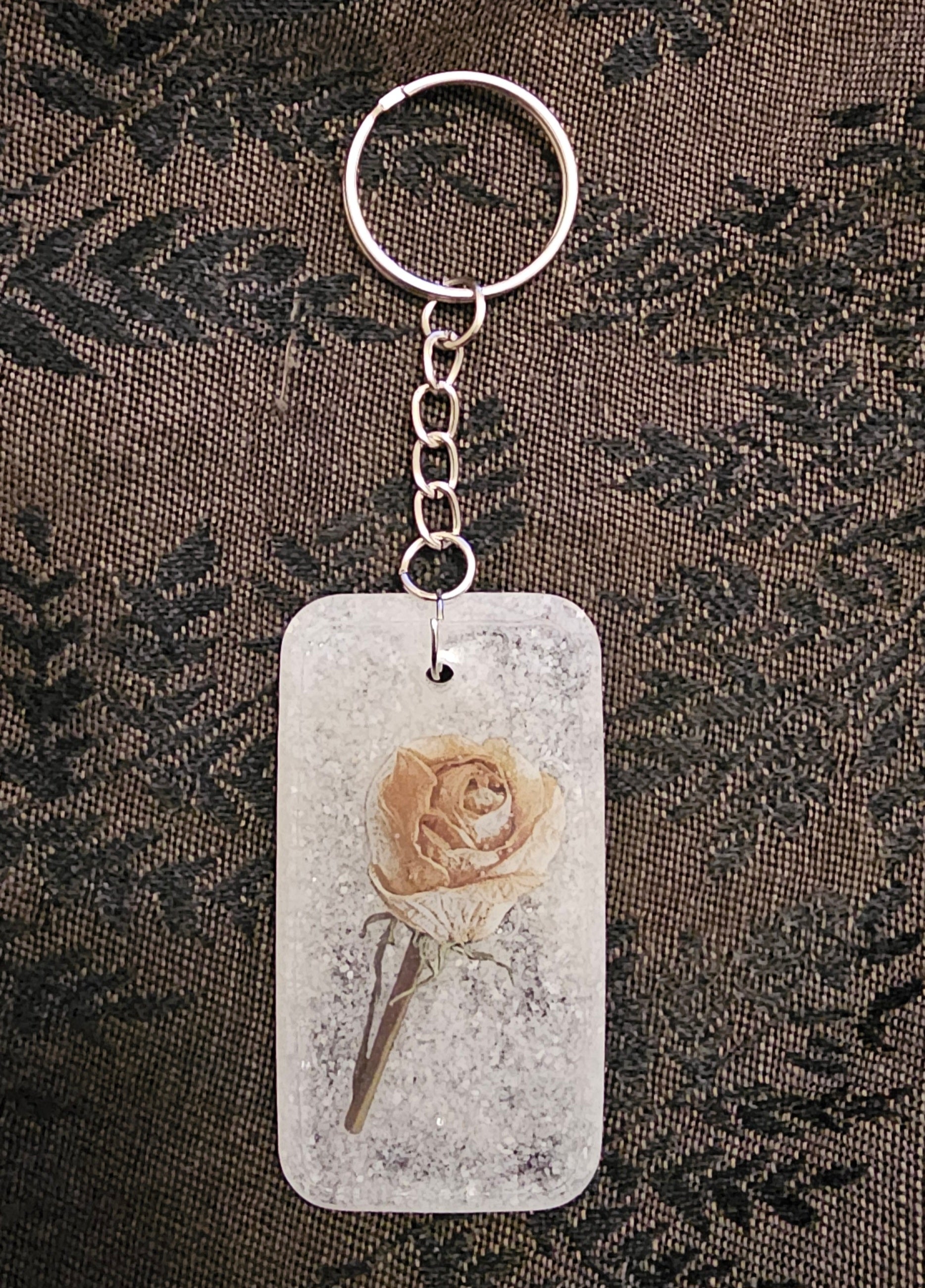 Ghost Rose Resin Keychain | Pressed Dried Rose in Clear Resin with Silver Glitter | Gothic Romance Cottagecore Gift Australia