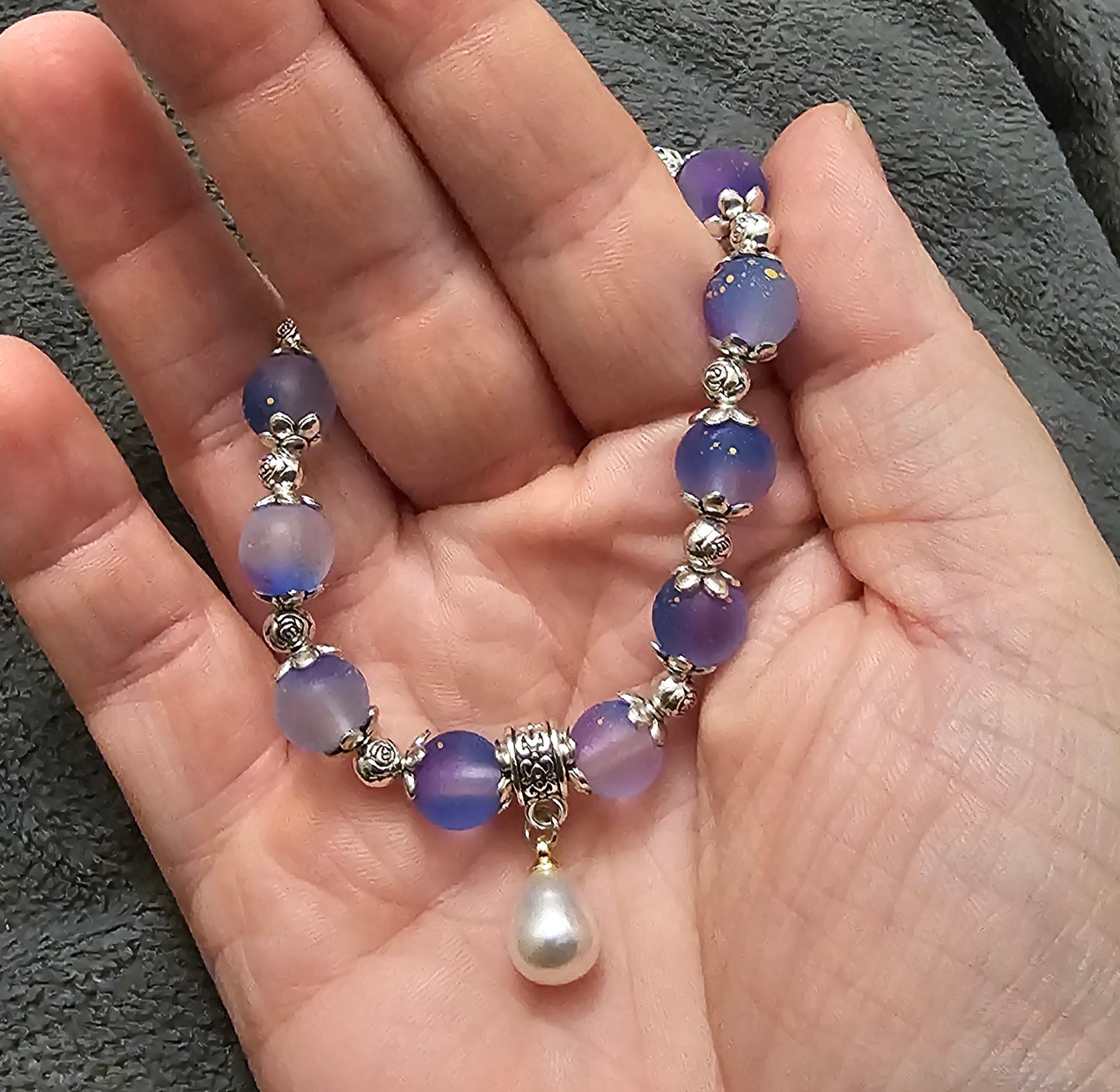 Galaxy Beaded Bracelet | Frosted Stardust Beads & Pearl Drop Charm | Handmade Mooncore Jewellery Australia