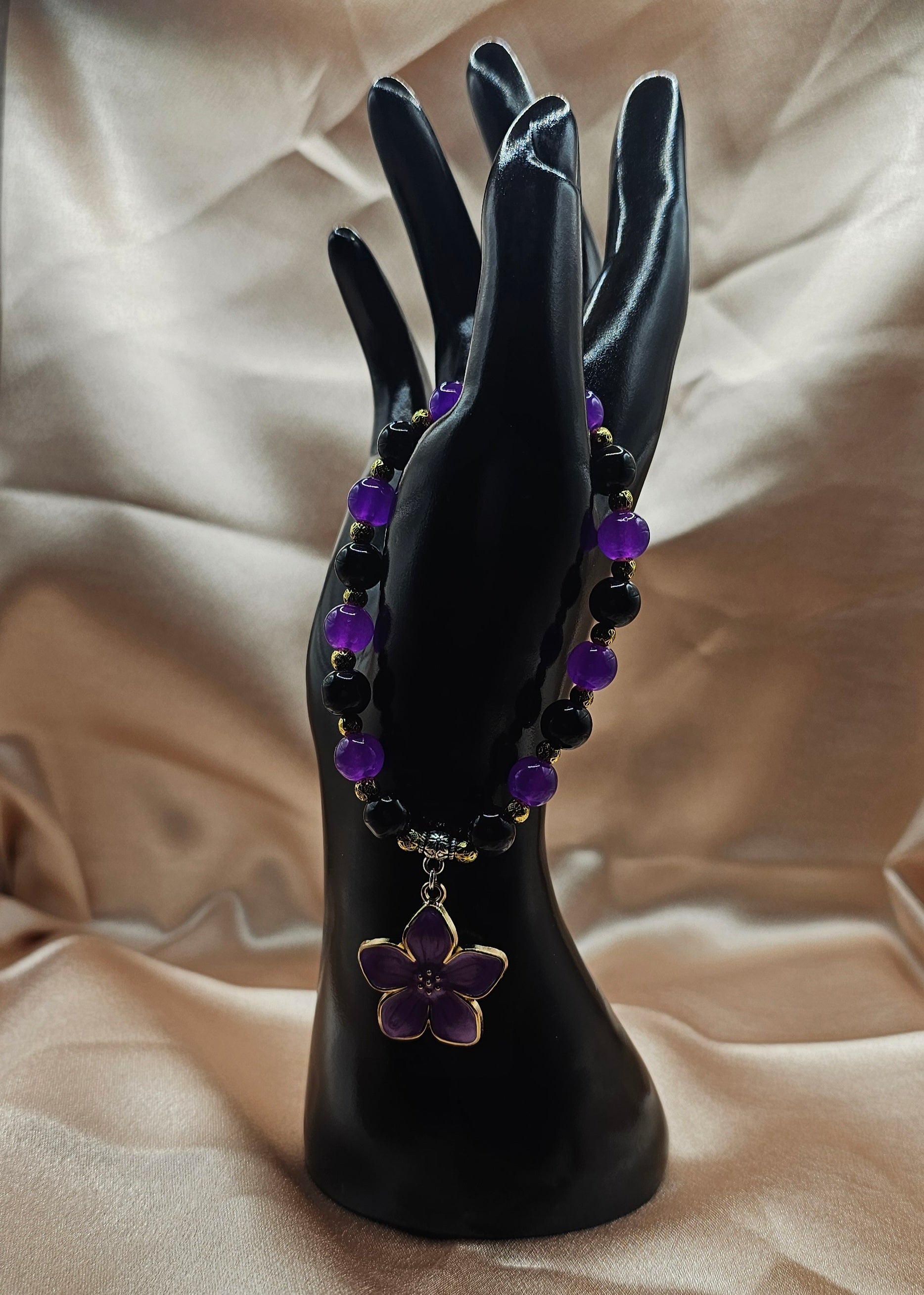 Purple Flower Charm Bracelet | Deep Purple & Black Beads with Gold Accents | Handmade Witchy Jewellery Australia
