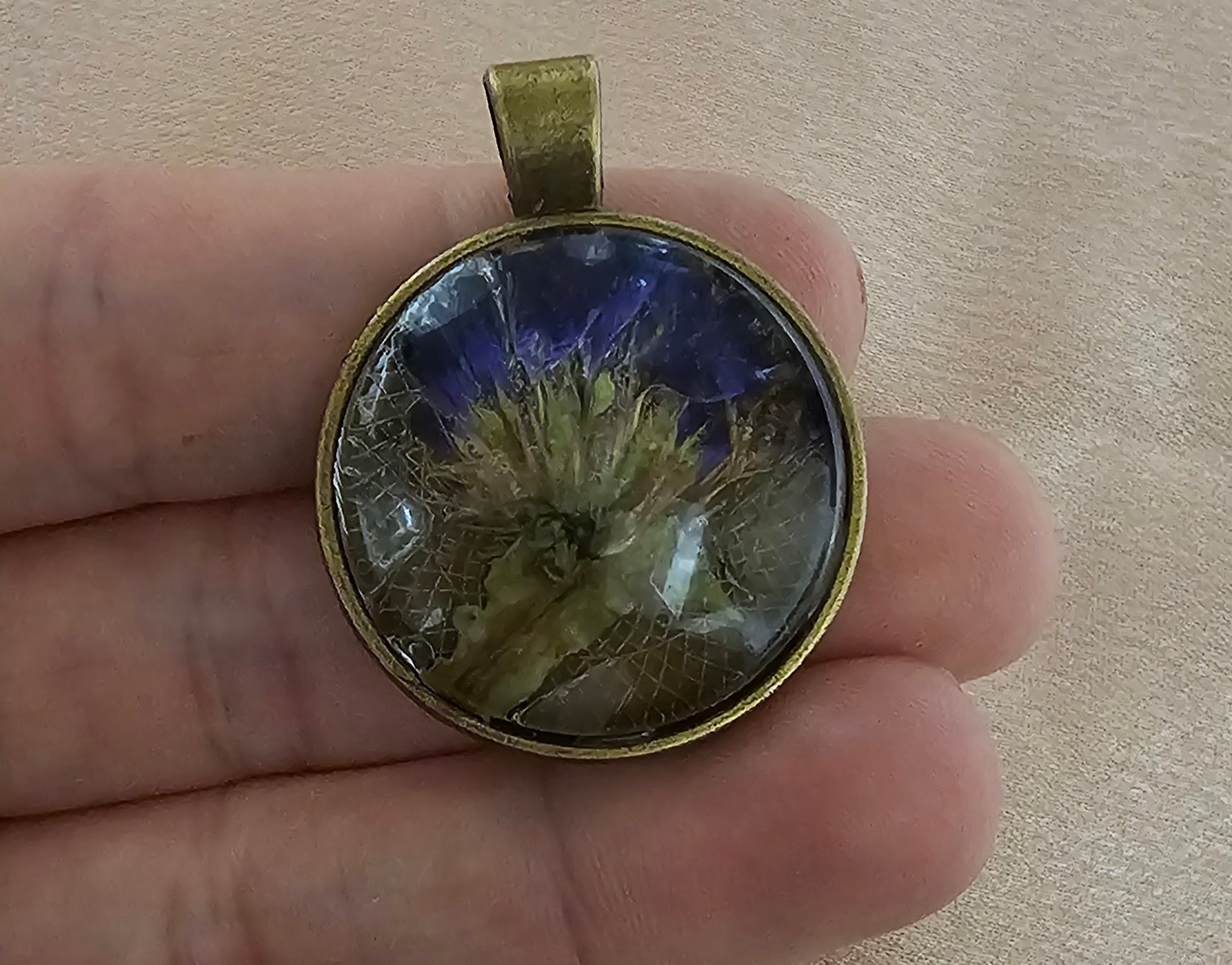 Real Purple Flower Round Resin Pendant | Pressed Botanical on Lace | Antique Bronze Mandala Back | Handmade Cottagecore Jewellery