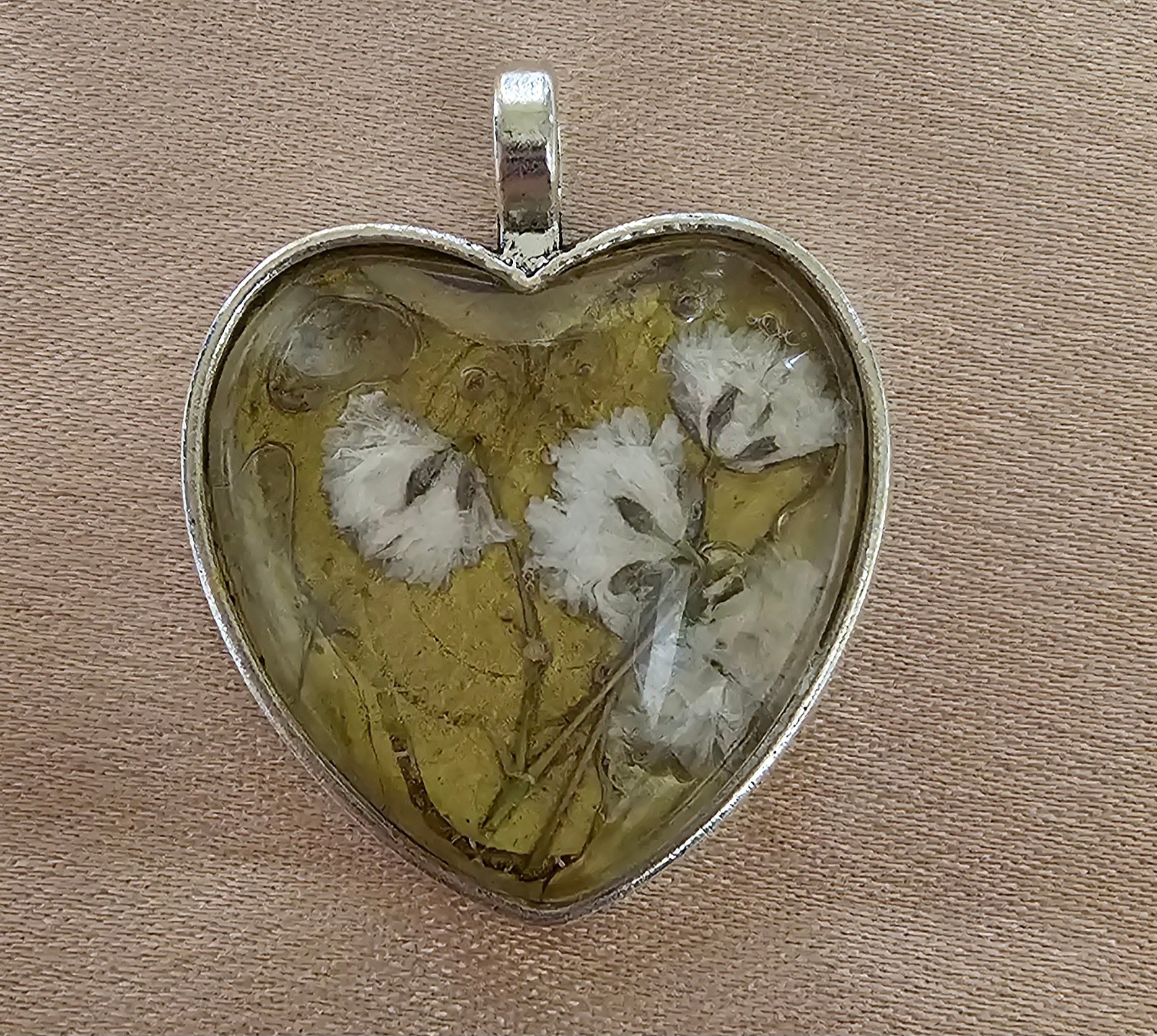 Real Baby's Breath Heart Resin Pendant | White Flowers on Golden Green | Silver Starburst Back | Handmade Cottagecore Jewellery