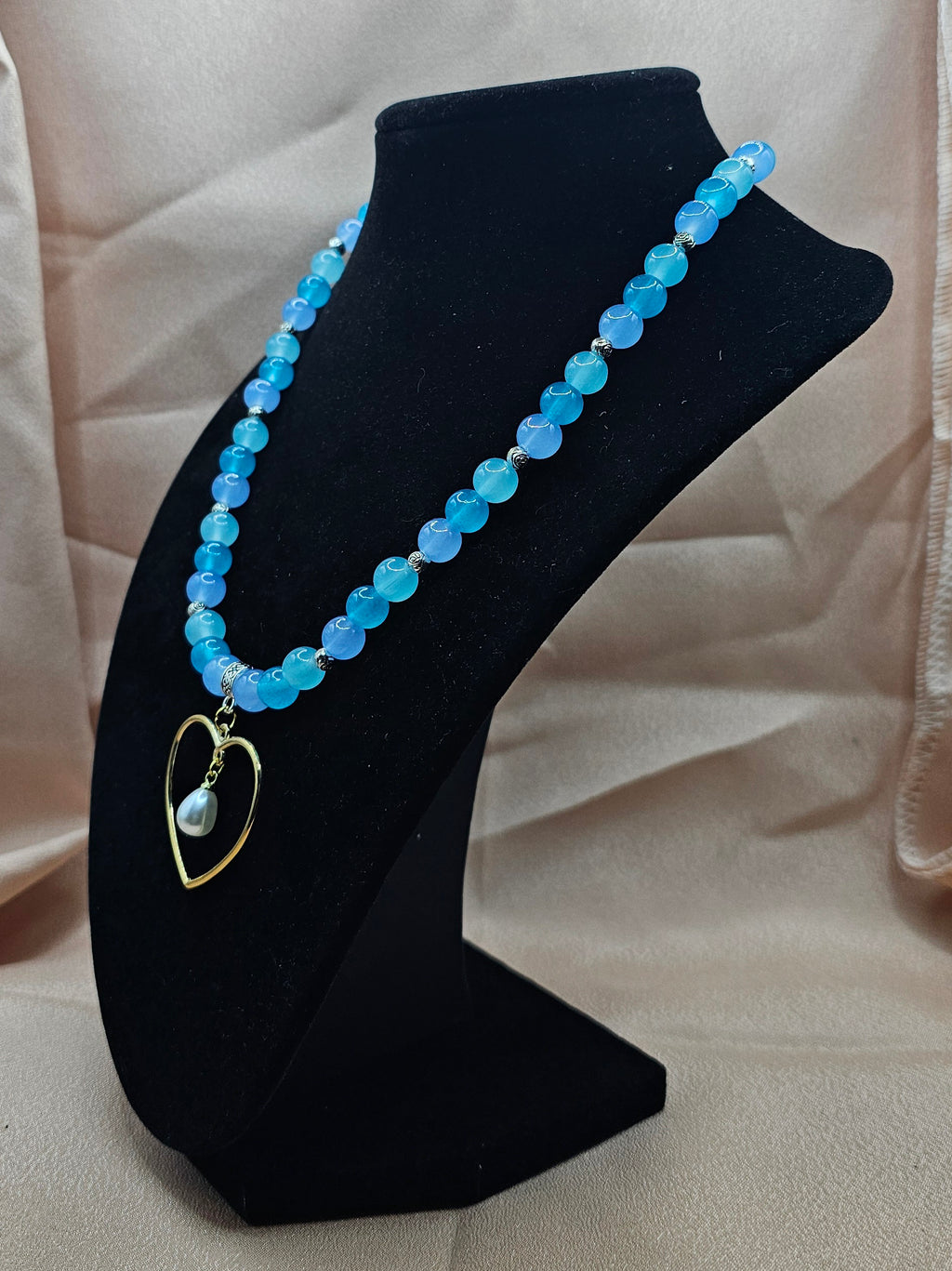 Blue Beaded Necklace | Gold Heart & Pearl Pendant | Handmade Angelcore Jewellery