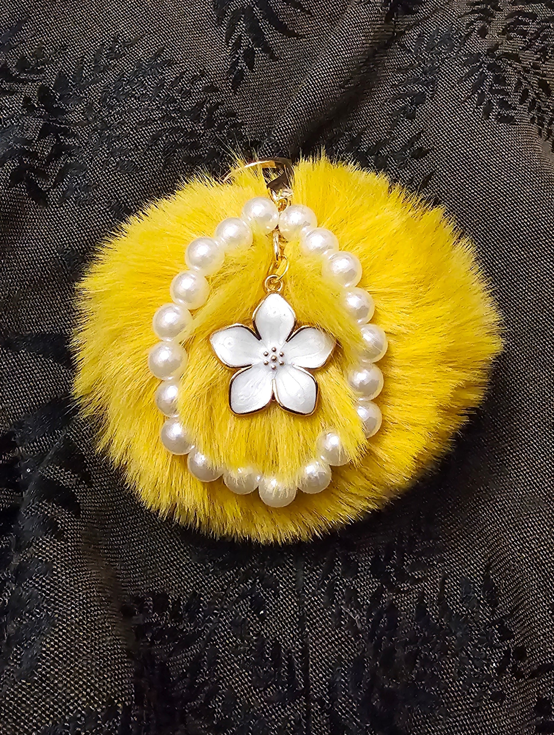 Yellow Pom Pom Pearl Keychain | White Flower Charm & Pearl Beads | Handmade Cottagecore Accessory