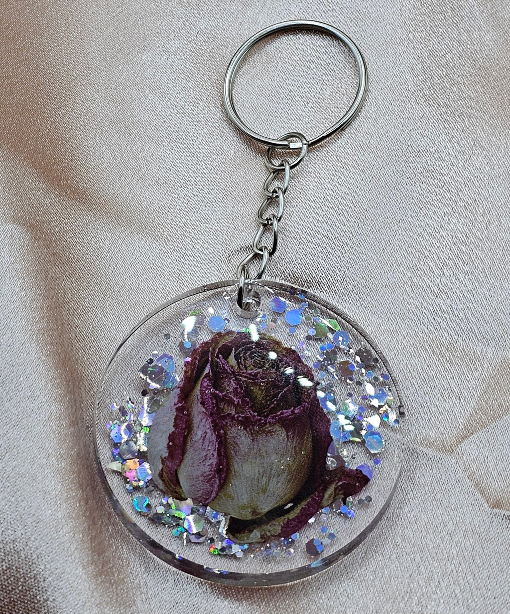 Dried Rose Resin Keychain | Silver Holographic Glitter | Handmade Dark Romantic Jewellery Australia