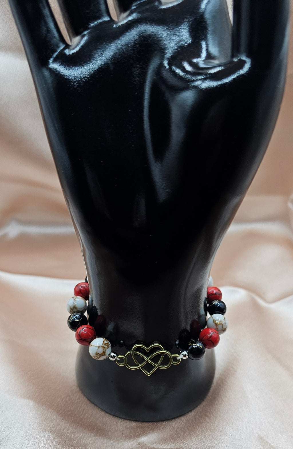 Red Black & White Marble Beaded Bracelet | Antique Bronze Infinity Heart Charm | Handmade Dark Romance Jewellery Australia