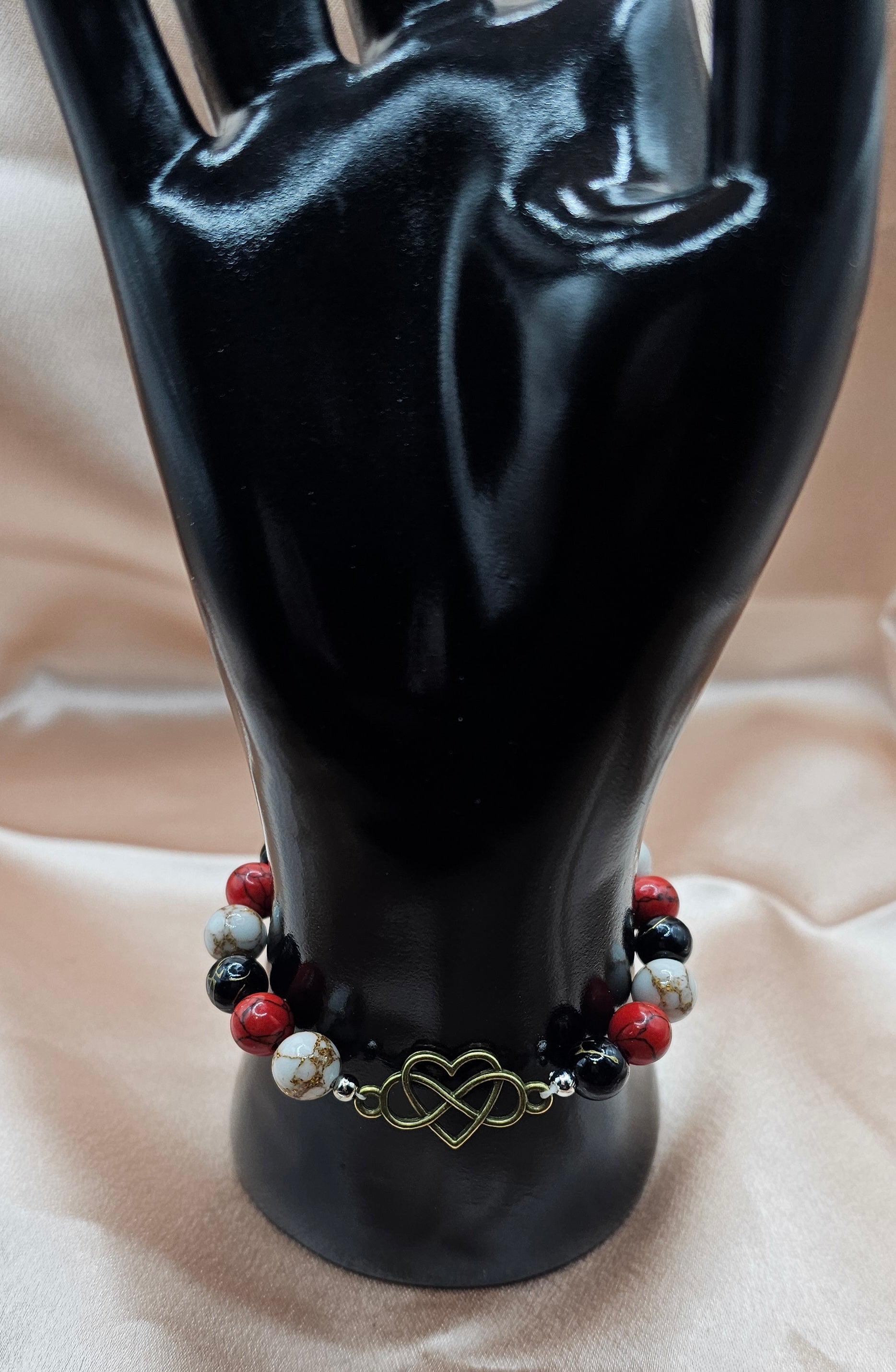 Red Black & White Marble Beaded Bracelet | Antique Bronze Infinity Heart Charm | Handmade Dark Romance Jewellery Australia