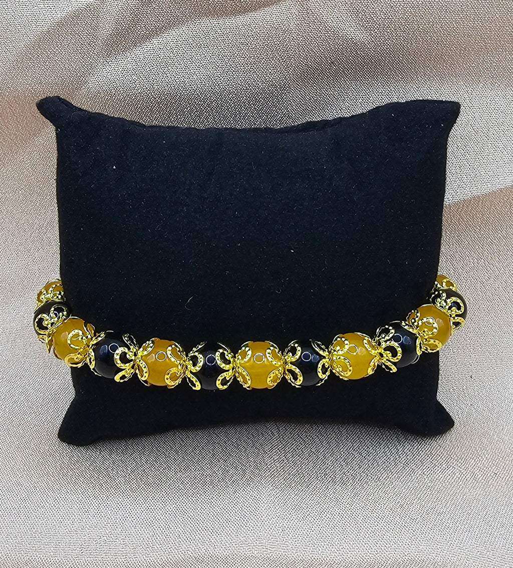 Black & Amber Gold Filigree Bracelet | Gothic Beaded Stretch Bracelet | Handmade Dark Jewellery Australia