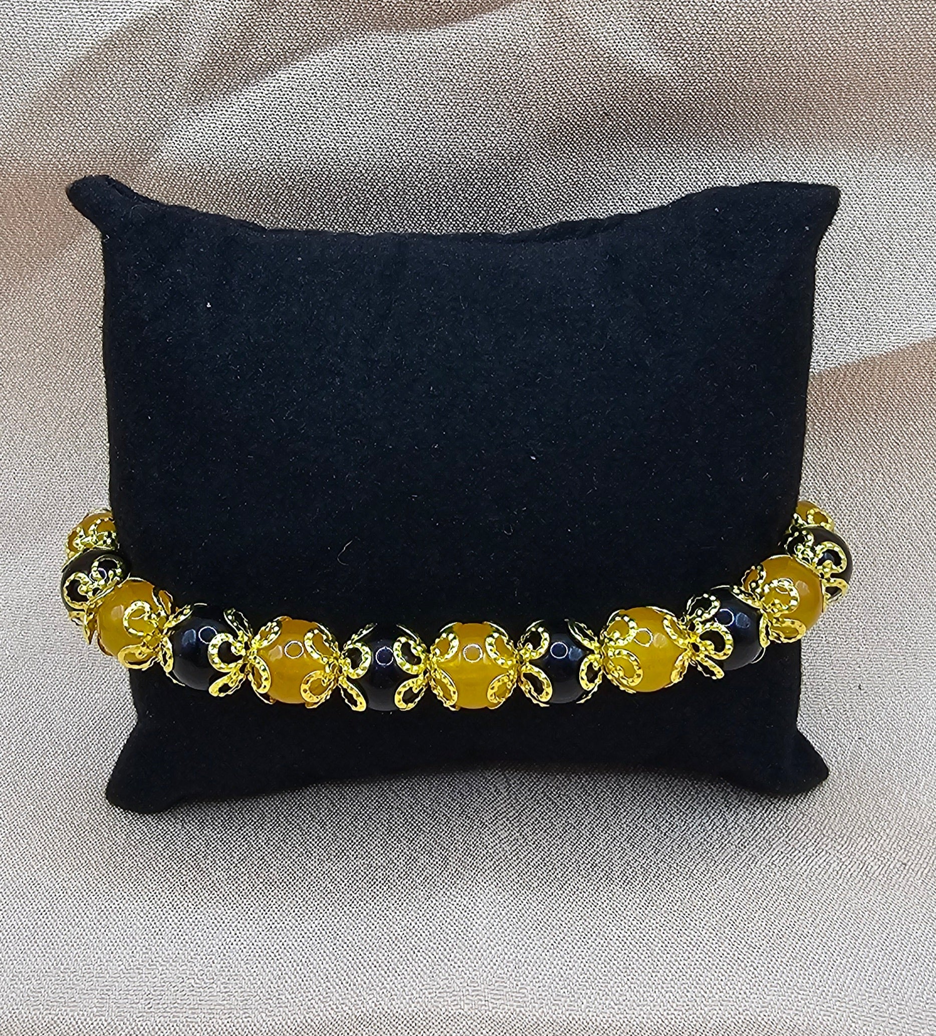 Black & Amber Gold Filigree Bracelet | Gothic Beaded Stretch Bracelet | Handmade Dark Jewellery Australia