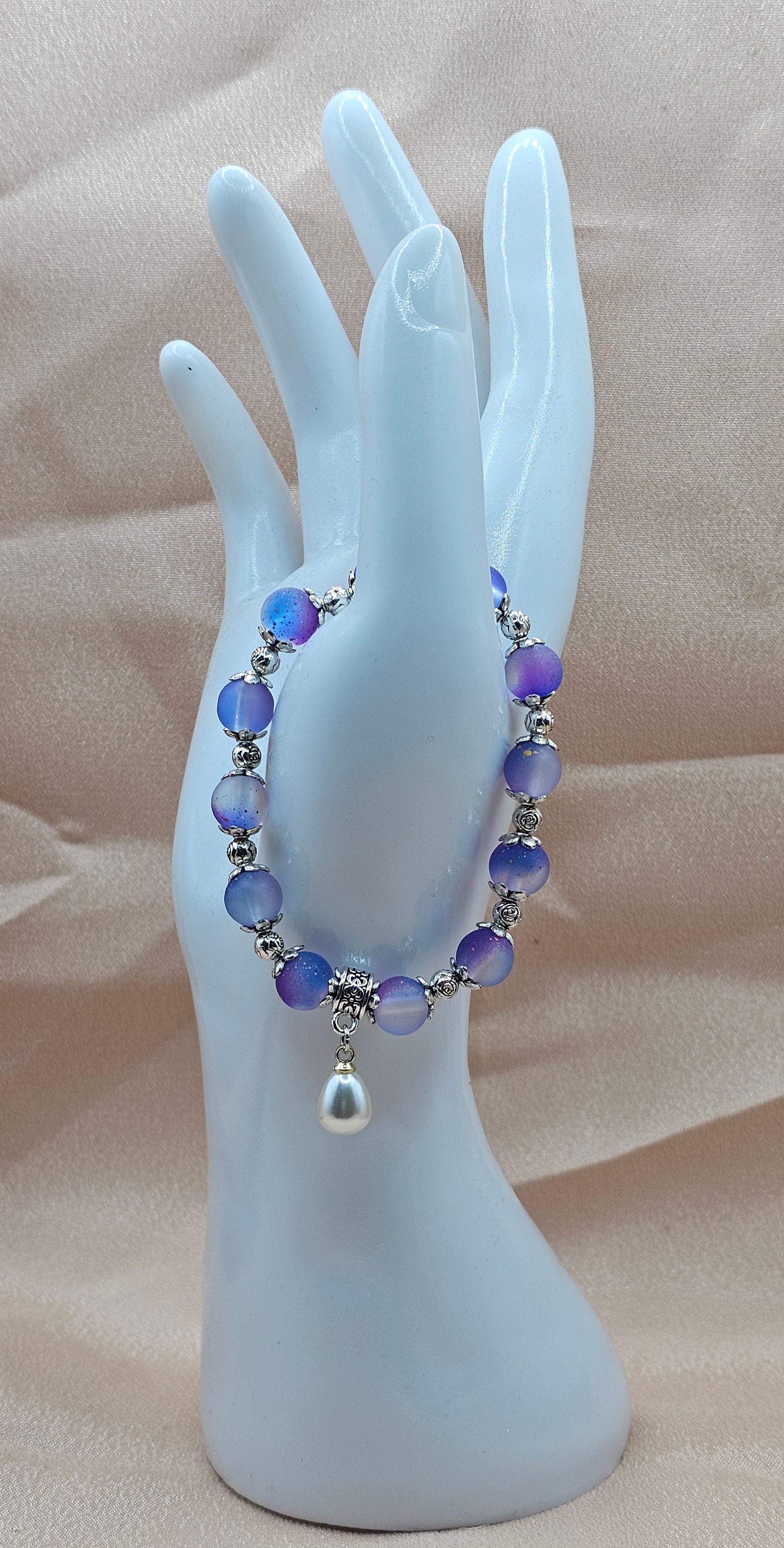 Galaxy Beaded Bracelet | Frosted Stardust Beads & Pearl Drop Charm | Handmade Mooncore Jewellery Australia